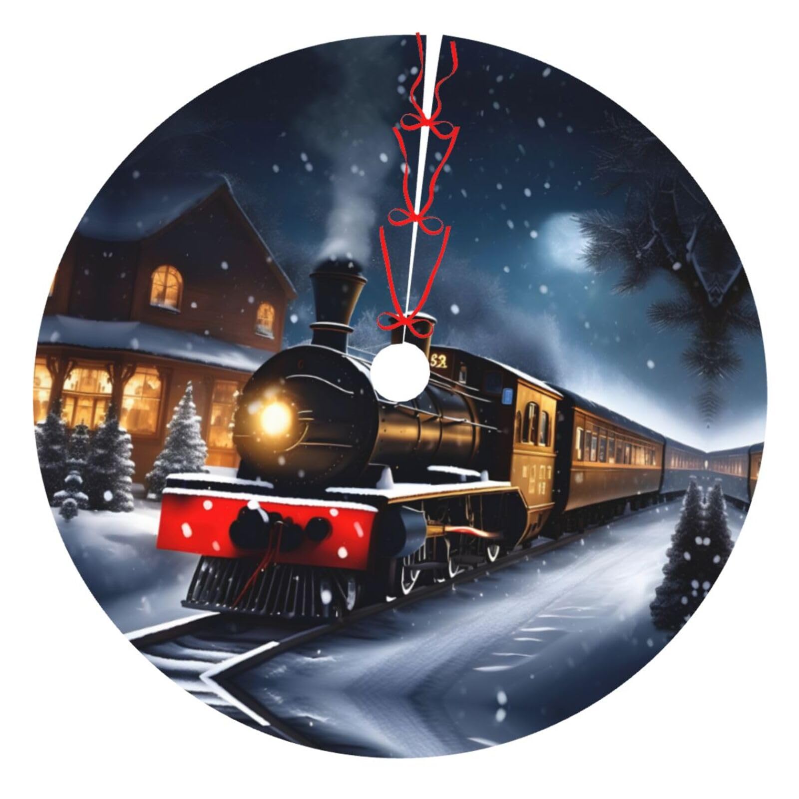 Jupe d'arbre de Noël aux finitions soignées motif train de nuit hivernal de prestige