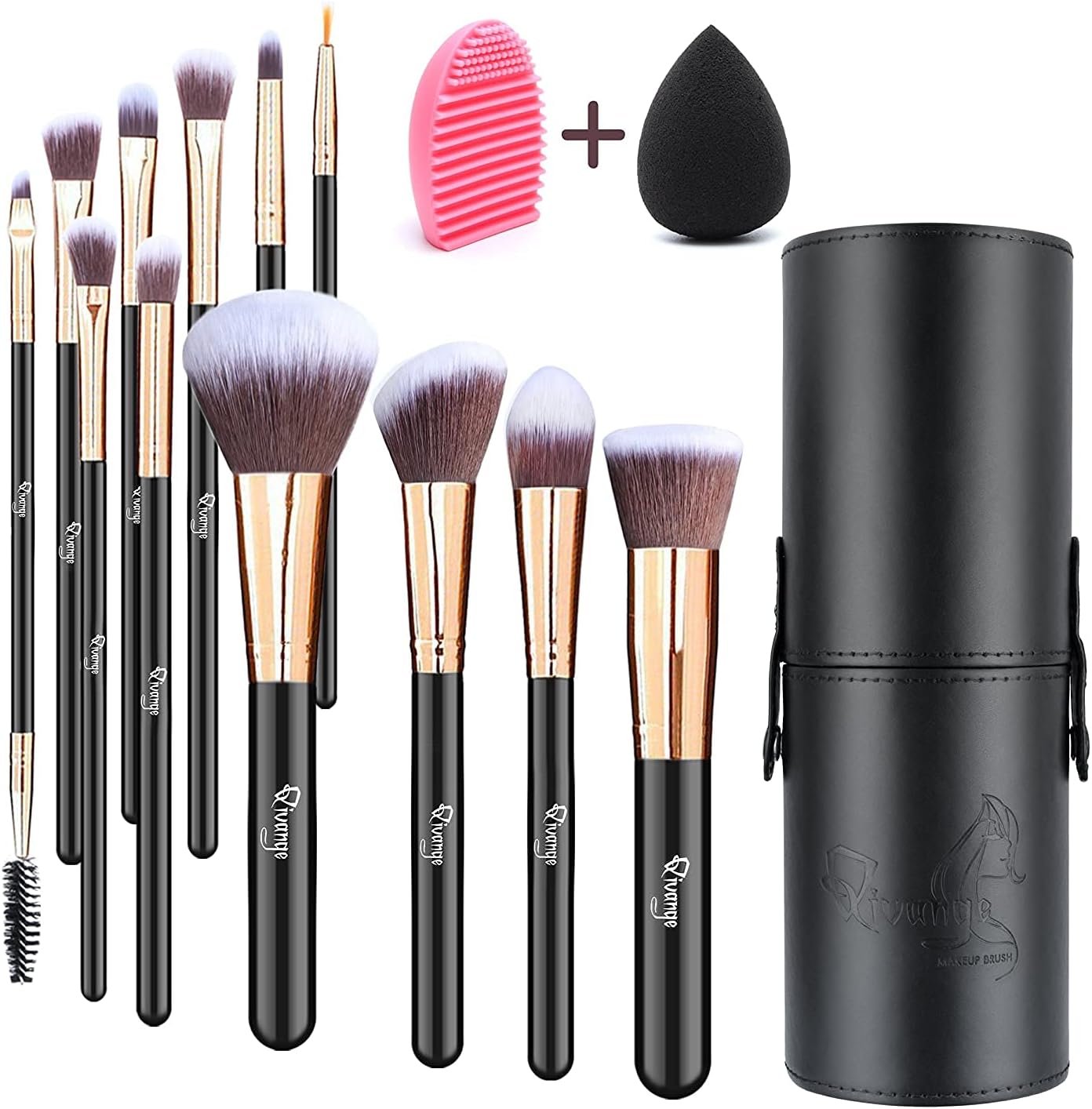 Makeup Brushes, Qivange 12pcs Makeup Brush Set with Holder Foundation Brush Eye Makeup Brushes Eyebrow Brush Full Set with Blending Sponge and Makeup Brush CleanerBlack with Rose Gold