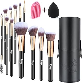 Qivange Brochas de maquillaje, juego profesional de brochas de mezcla de sombra de ojos con soporte de cepillo + esponja y...
