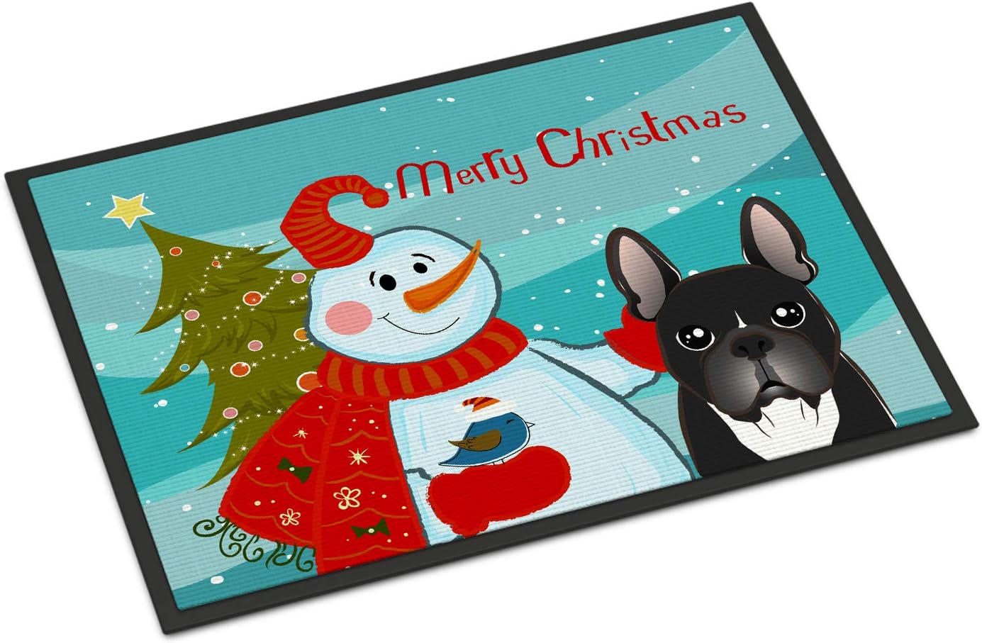Caroline's Treasures BB1847MAT Snowman with French Bulldog Doormat 18x27 Front Door Mat Indoor Outdoor Rugs for Entryway, Non Slip Washable Low Pile, 18H X 27W