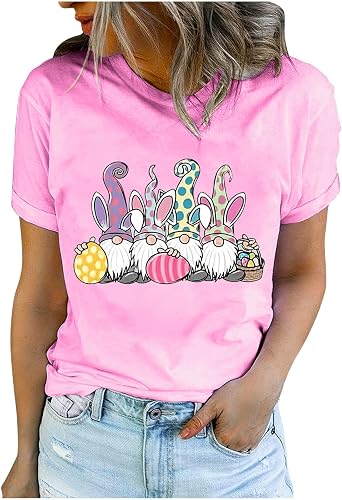Mzkdieey Happy Easter Shirts for Women Bunny Ears Gnomes Shirt Funny Easter Day Shirt Summer Short Sleeve Crewneck Tee Tops