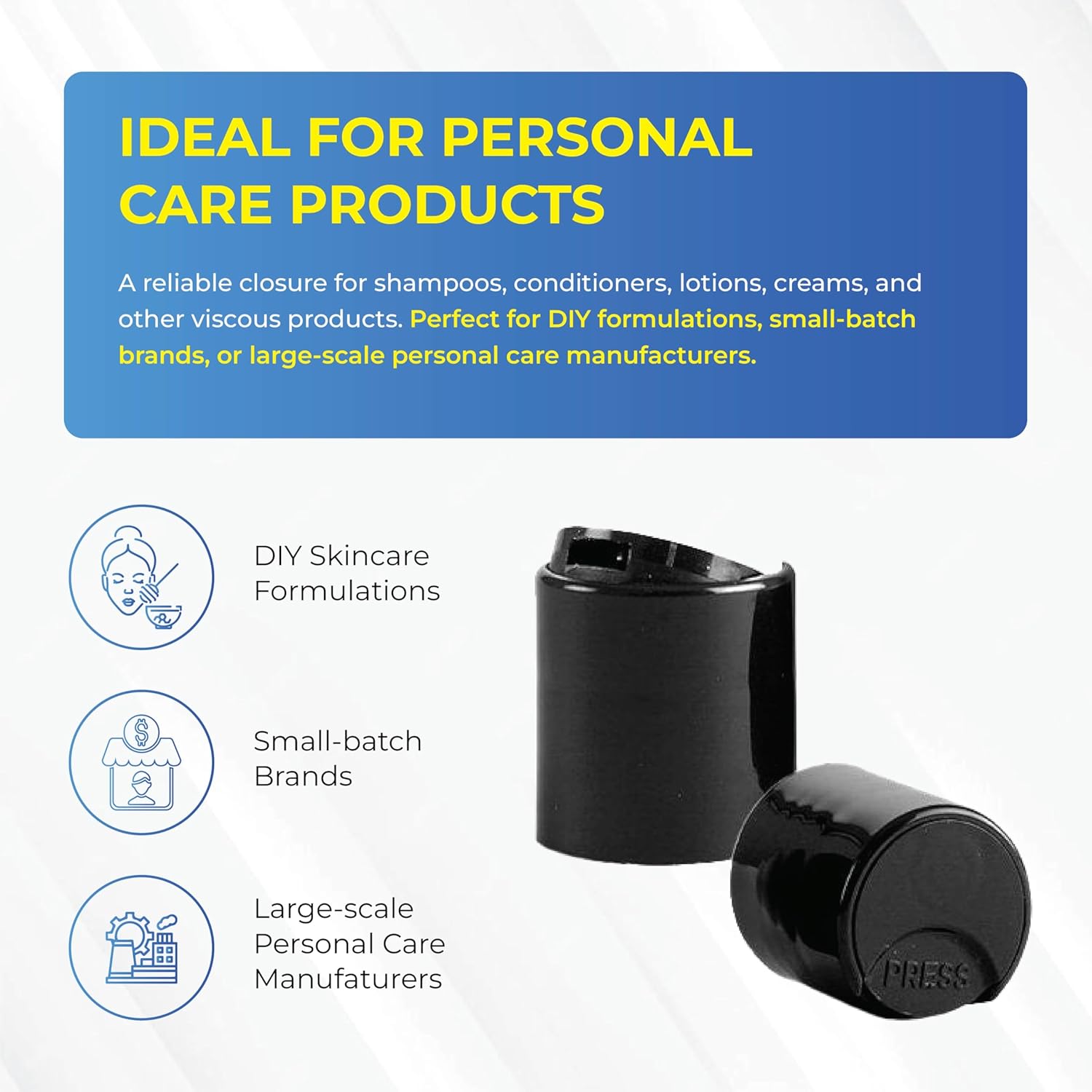 Black PP 20-410 Smooth Skirt Disc Top Cap with 0.27″ Orifice – Unlined Dispensing Lid for Shampoo, Lotion, Conditioners, Creams, Personal Care Bottles, DIY Packaging, Refillable Bottles - Pack of 50