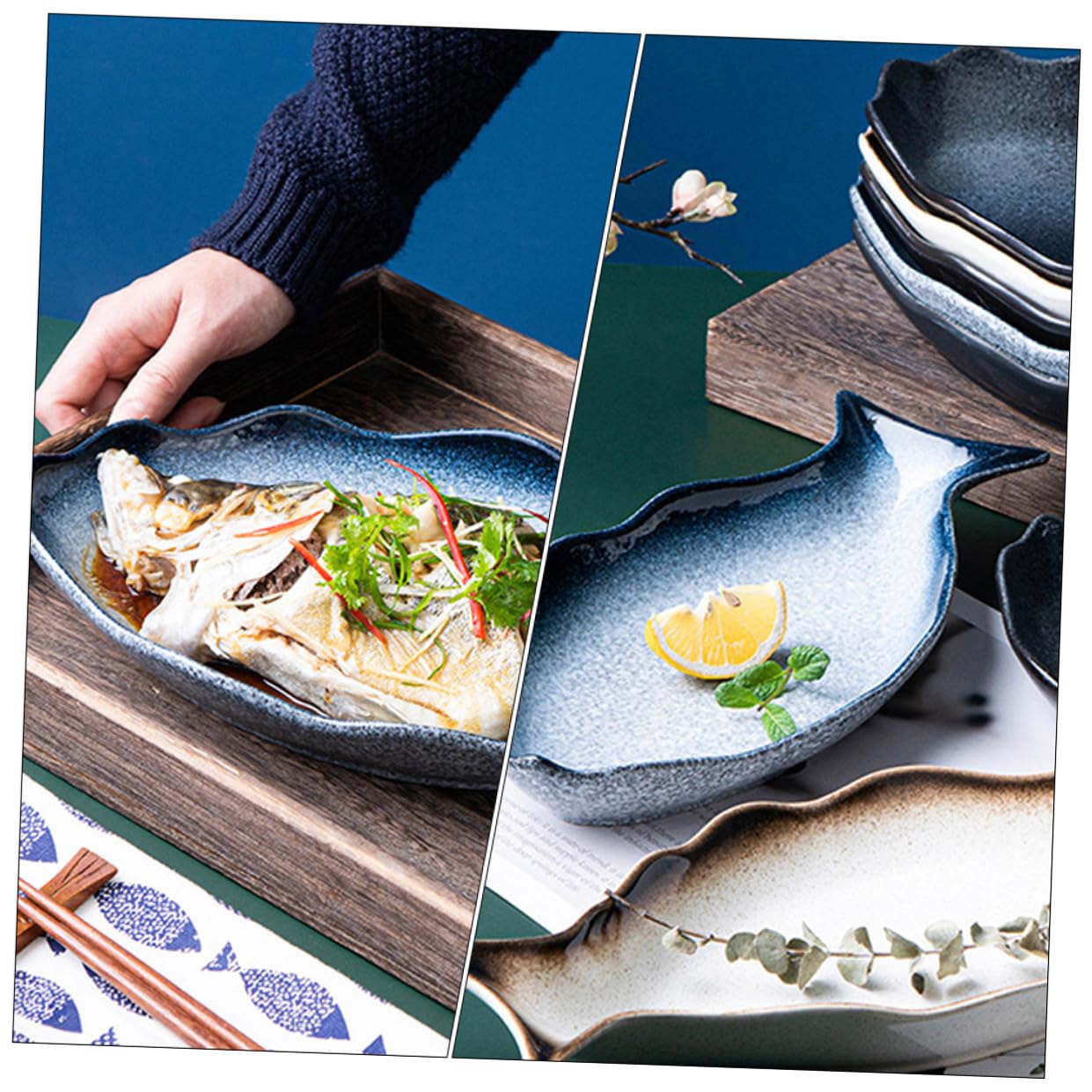 INOOMP Piatto per Pesce in Ceramica, Forma di Pesce, Vassoio da Portata | Cucina e Tavola Festiva, per Antipasti e Frutti di Mare, Design Elegante e Delicato