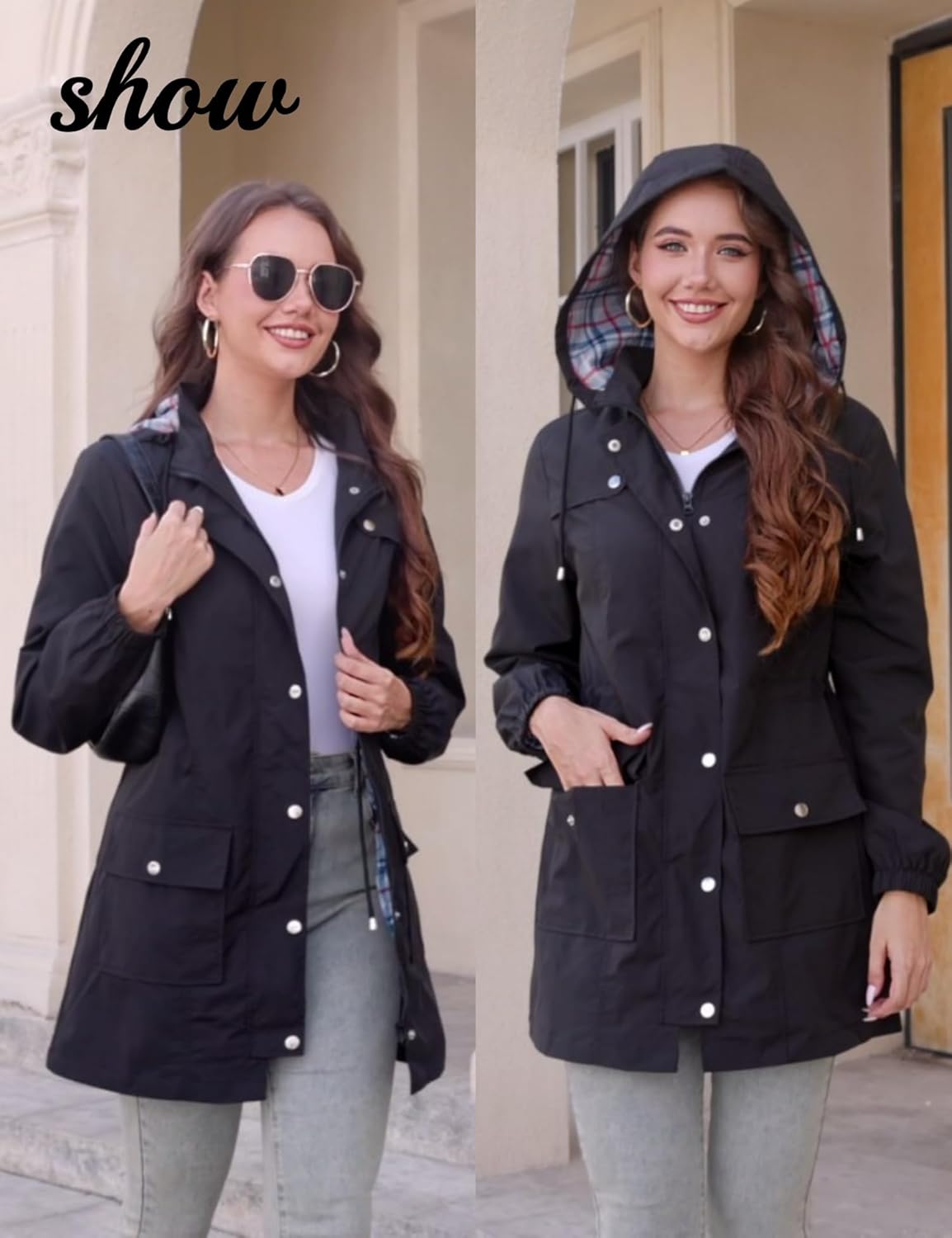 Bloggerlove Rain Jacket Women Lightweight Raincoats Outdoor Waterproof Windbreaker Hooded Plaid Lined Trench Coat S-XXL - Image 2