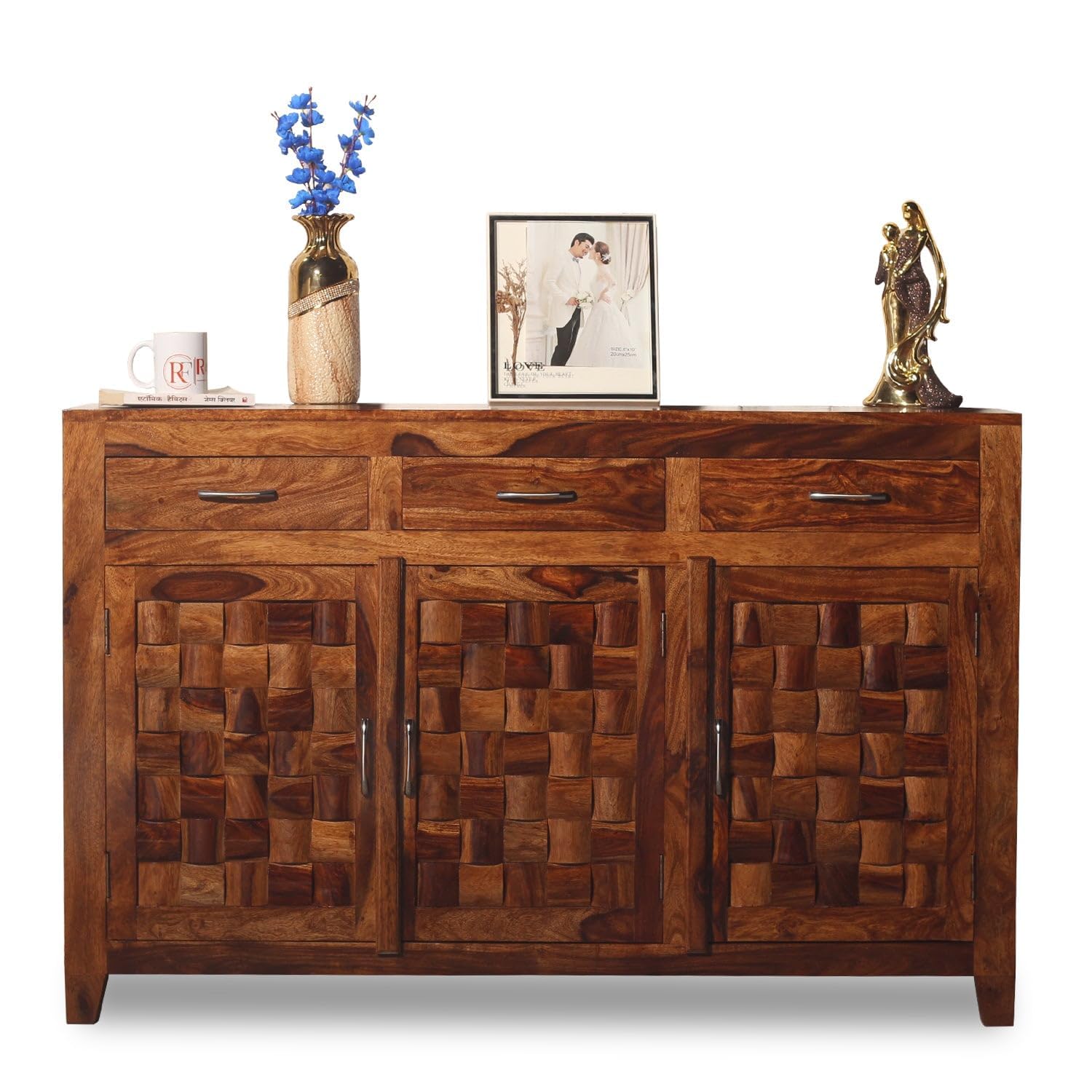 Solid Sheesham Wood Sideboard Cabinet | Wooden Buffet Cabinet with 3 Drawers, 3 Doors & 6 Shelves | Crockery Cabinet, Kitchen Storage Cabinet, Console Cabinet for Dining Room & Living Room | Honey-image-21
