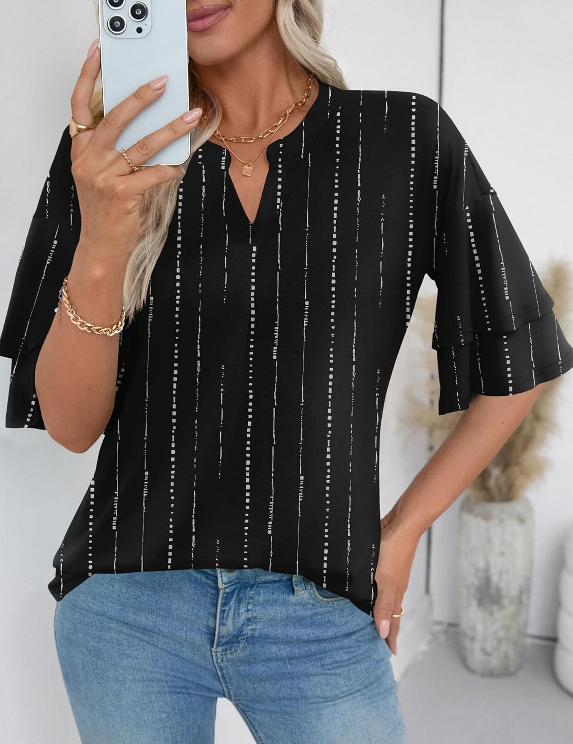 LOMON Womens Tops Ruffle Short Sleeve Blouses Fashion V Neck T Shirts Dressy Casual 3/4 Bell Sleeve Tee Spring Summer Clothes - Image 6