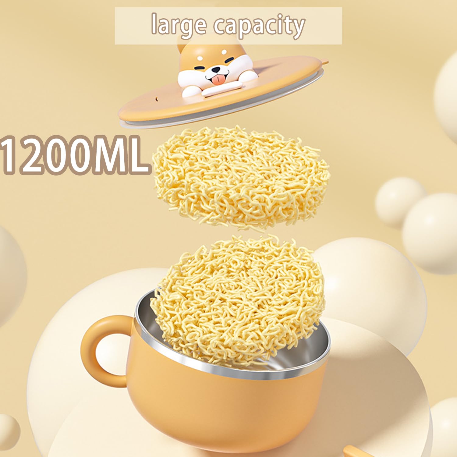 Ramen - Ciotola per pasta, 1200 ml, ciotole per zuppa con maniglie, ciotola per servizio istantaneo portatile con coperchio e cucchiaio, ciotola per pasta istantanea con coperchio per zuppa