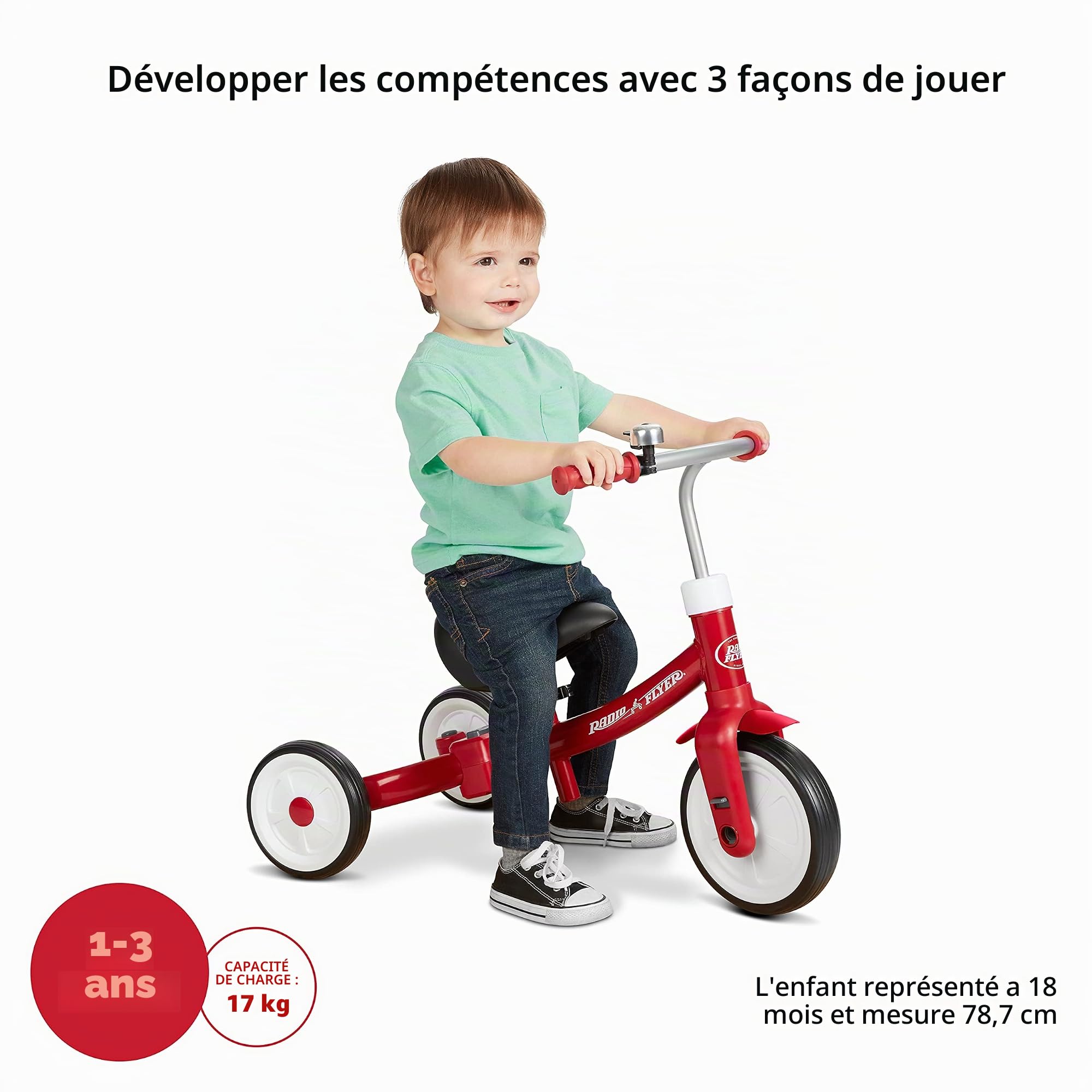 Radio Flyer Triple Play Tricycle, Tricycle Rouge pour Tout-Petits, draisienne, à Utiliser de 1 à 3 Ans