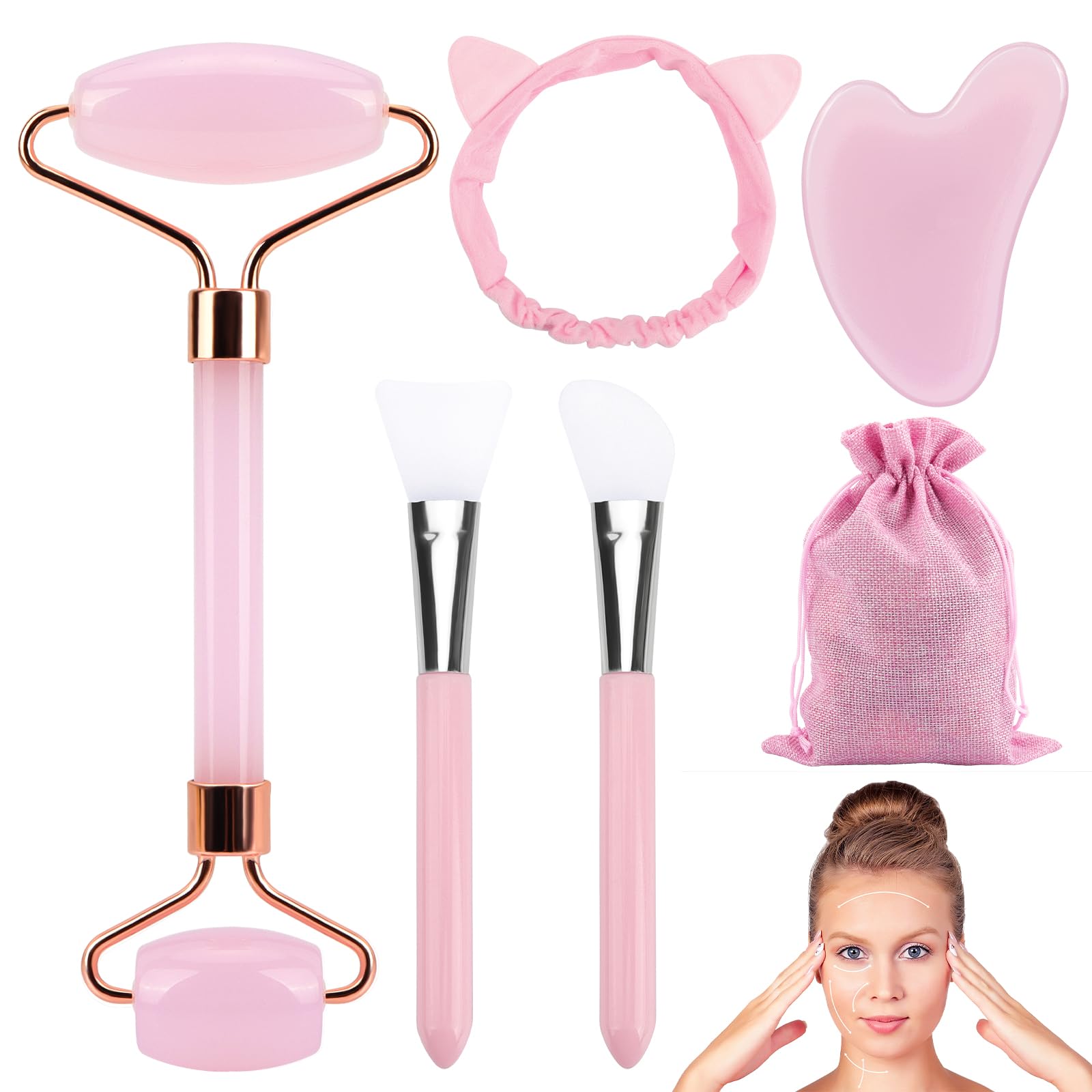 Coicok Gua Sha Stein und Gesichtsroller Rosenquarz，Guasha Se