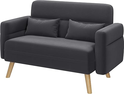 Miniatura 4 de Yaheetech Sofá pequeño de tela moderna de 46 pulgadas, sofá biplaza de mediados de siglo de 2 plazas con almohadas lumbares, patas de madera maciza