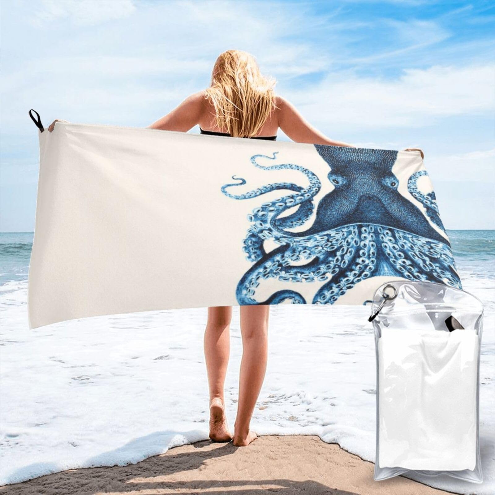 Serviette de plage légère en microfibre, drap de bain absorbant motif pieuvre 80x160