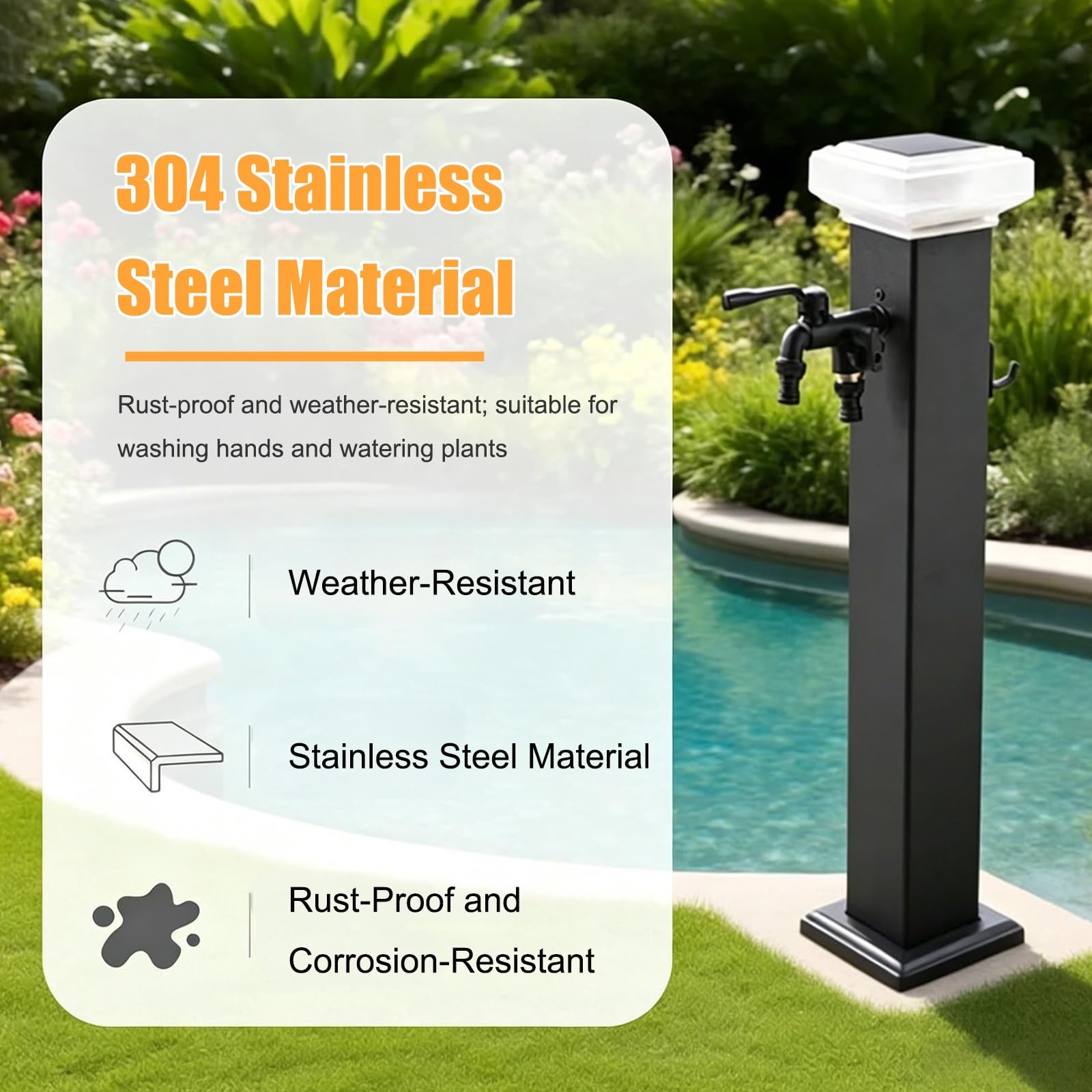 Grifo Exterior con Lámpara Solar, Grifo Exterior Independiente de Acero Inoxidable 304, para Jardín, Terraza, Césped, Lavado de Mascotas(Grey,60cm/23.6in)