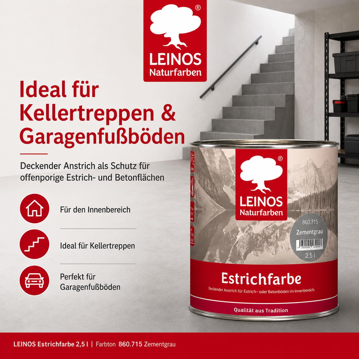 Leinos Naturfarben Estrichfarbe 860 | 2,5 Liter | für innen | Schutz & Farbgebung für offenporige Estrich- & Betonflächen | abriebfest, wasserabweisend | Anthrazitgrau (2,5 Liter Zementgrau)