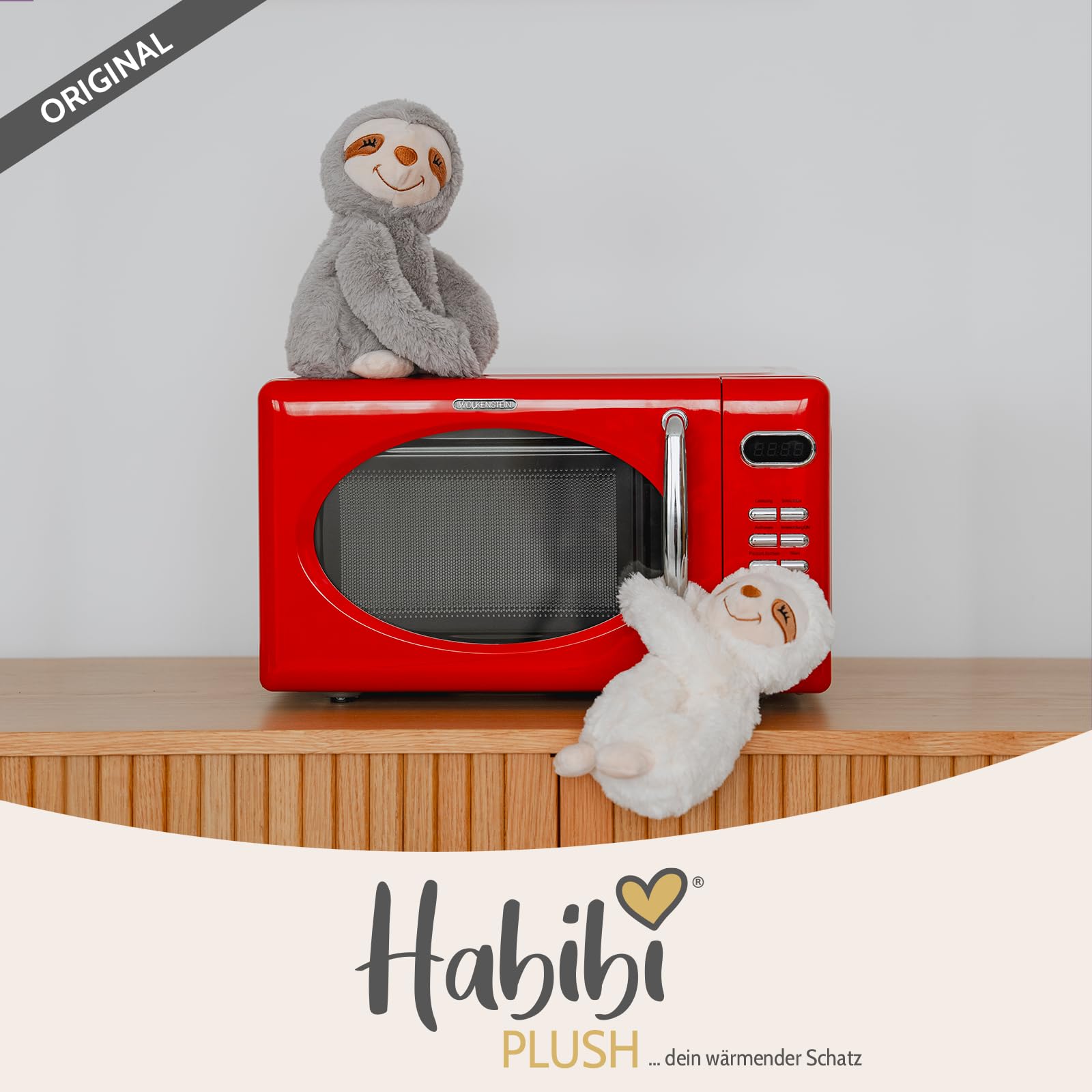 Habibi Plush Premium – 1960 Hugys Perezoso Mamá (Gris) + Niño (Crema), con cojín de grano extraíble – Cojín térmico para calentar en microondas o horno