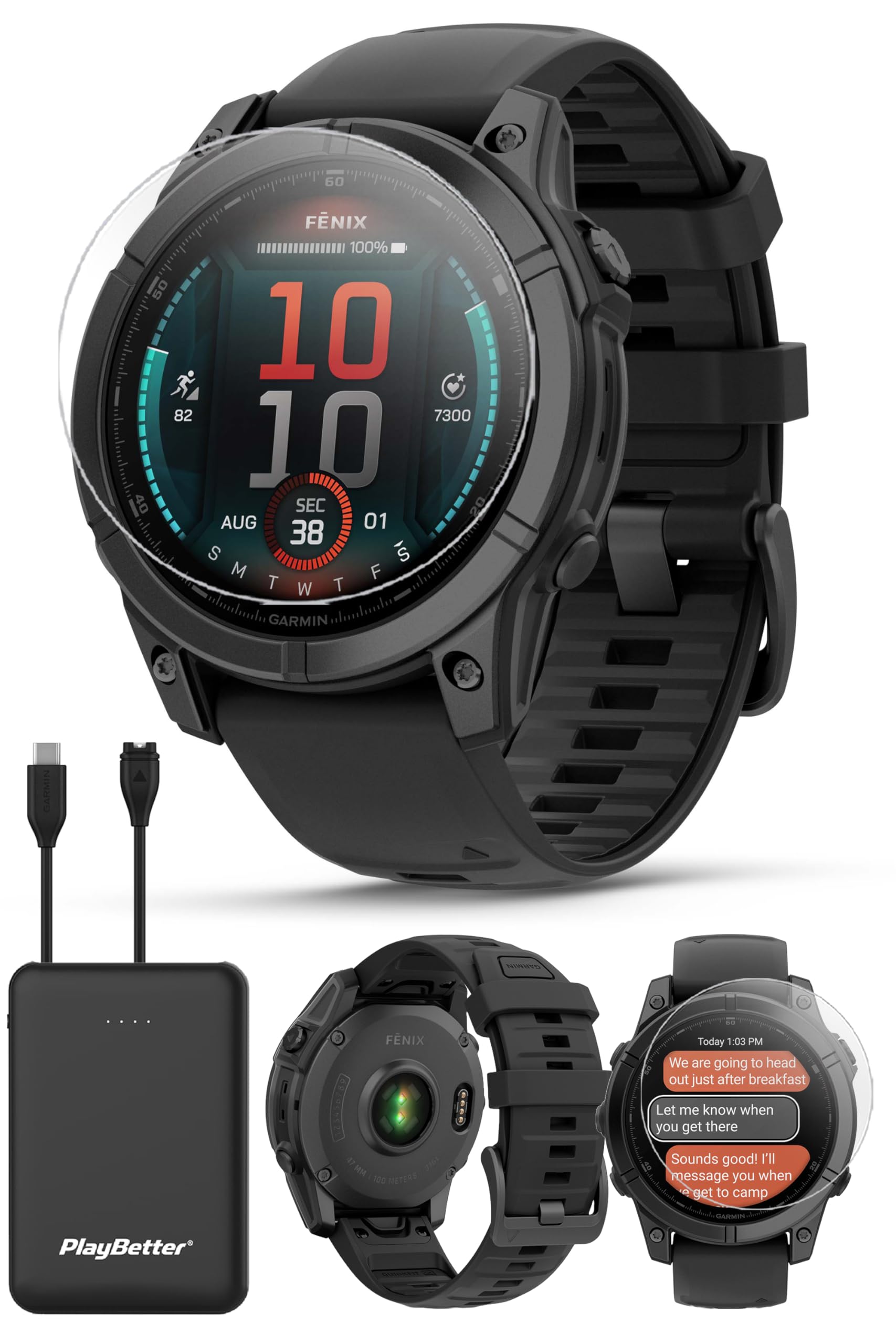 PlayBetter Garmin Fenix E (Slate Gray Steel/Black) Premium Multisport GPS Smartwatch Bundle - AMOLED Display, Long-Lasting Battery Life, Strength Workouts Portable Charger & HD Screen Protectors
