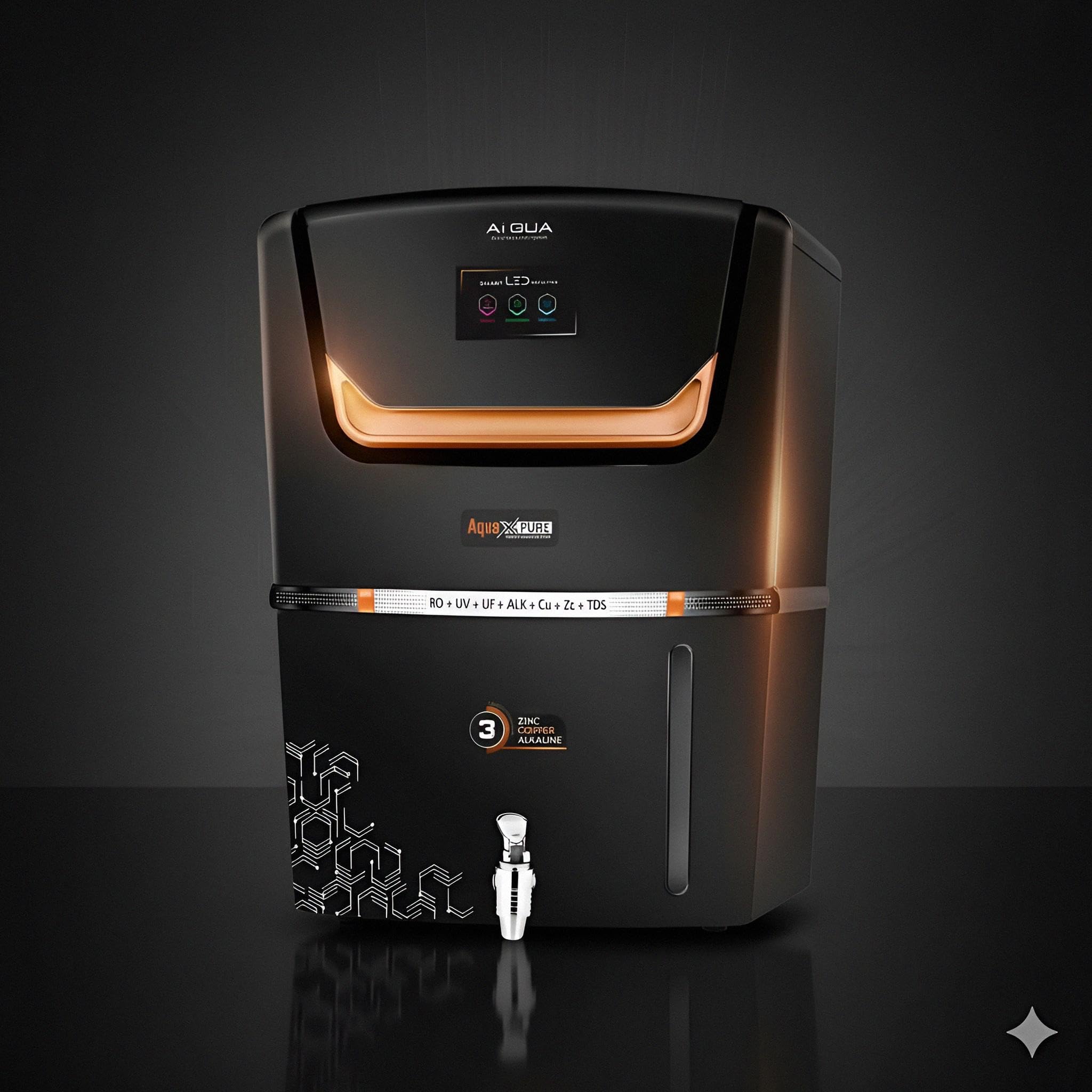 AiQua X Pure –BLACK- Ultra Premium 7-Stage RO Water Purifier | Smart LED Display | Alkaline+Zinc+Copper | 12L Tank | 100 GPD Pump | 4000 TDS Membrane | Full IMPORTED Installation Kit-image-28