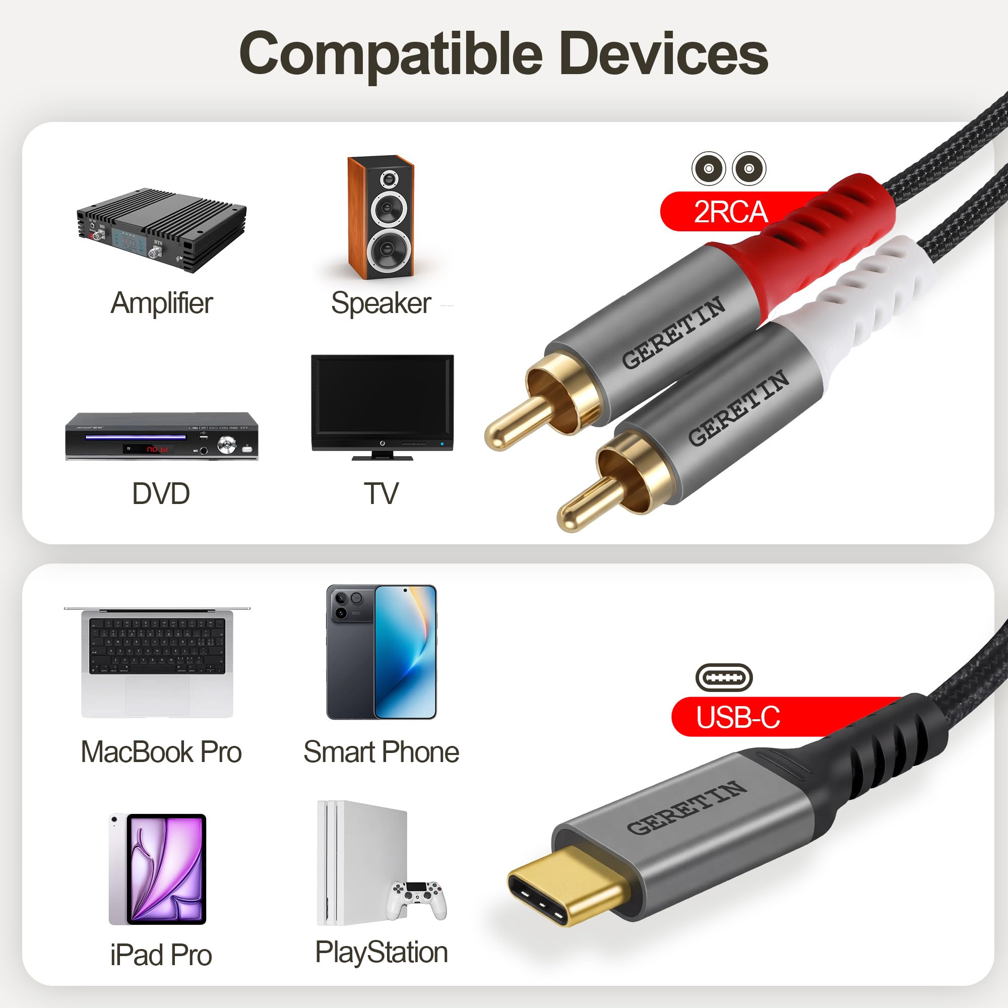 Câble Audio USB C vers 2 RCA Câble Adaptateur Type C Mâle vers 2RCA Mâle Y Auxiliaire Audio Stéréo Compatible avec Téléphone Amplificateur Enceinte HDTV Home Cinéma iPhone 16/17 Pixel 10/9-2M