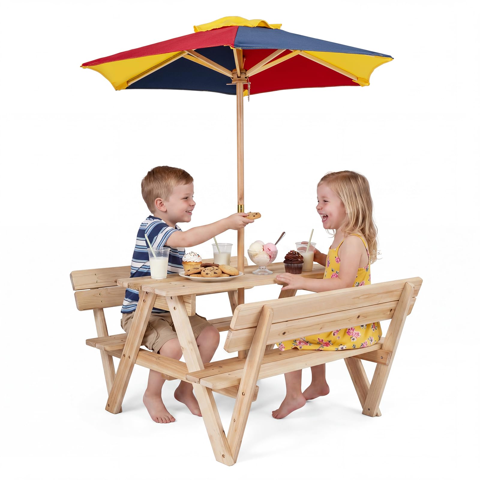 COSTWAY Kindersitzgruppe Outdoor mit Sonnenschirm, Picknicktisch Kinder mit Tisch & 2 Sitzbänken, Kindersitzgarnitur Garten für 4 Kinder, Sitzgruppe aus Tannenholz für Jungen & Mädchen ab 3 Jahren
