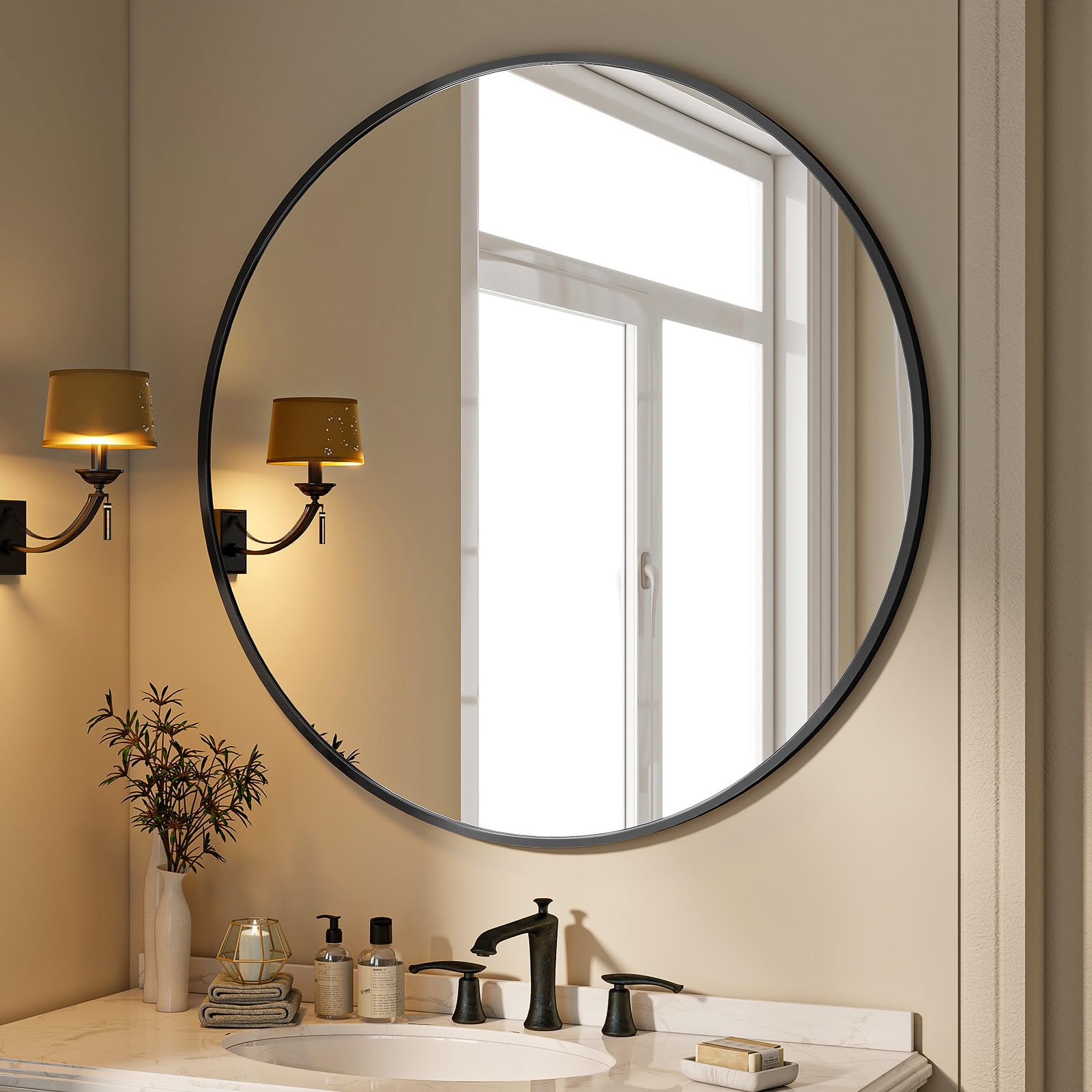 BEAUTYPEAK 40 Inch Round Mirror, Metal Frame Circle Mirror, Wall Mounted for Entryway, Bathroom, Vanity, Living Room, Black