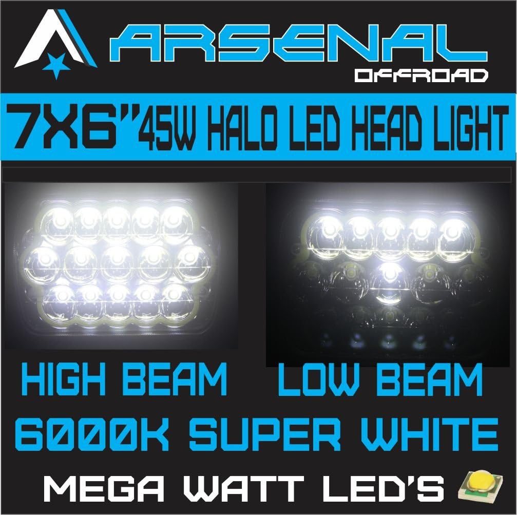 ARSENAL No.1 45w Rectangle 7x6 HALO DRL Led Headlights 6054 5x7, 7x6 Hi/Low Head Lights, Led Sealed Beam S10 H4 Plug H6054 Headlights H5054 6052 For Wrangler YJ Xj Cherokee Truck (1PC)