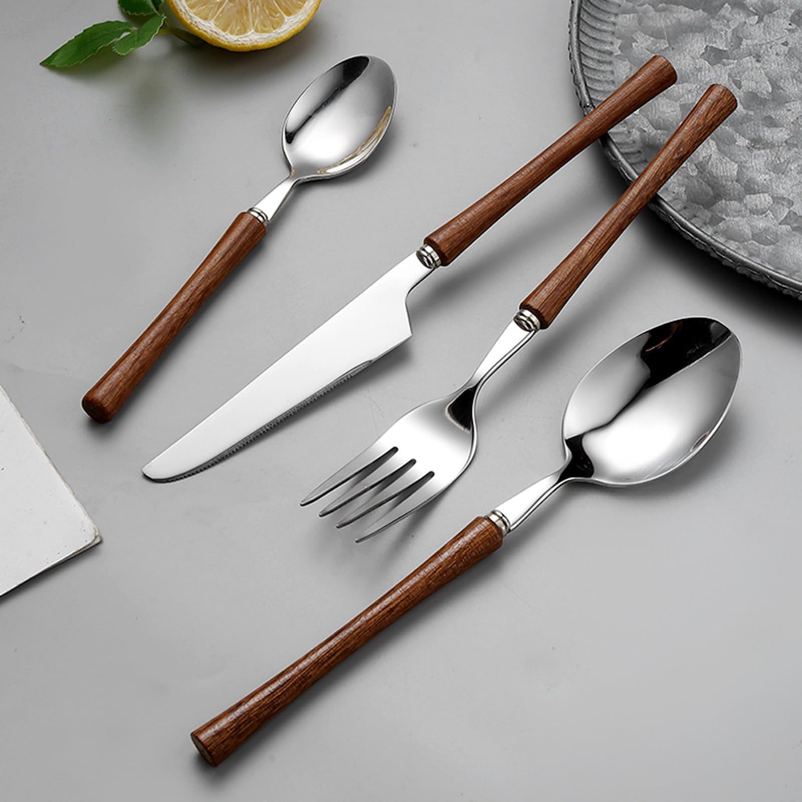 Este Juego de Cubiertos de Madera de 48 Piezas para 12 Personas Incluye un Elegante Juego de Cubiertos de Acero Inoxidable para la Mesa, Ideal para el hogar, la Cocina o el Restaurante. Cuen