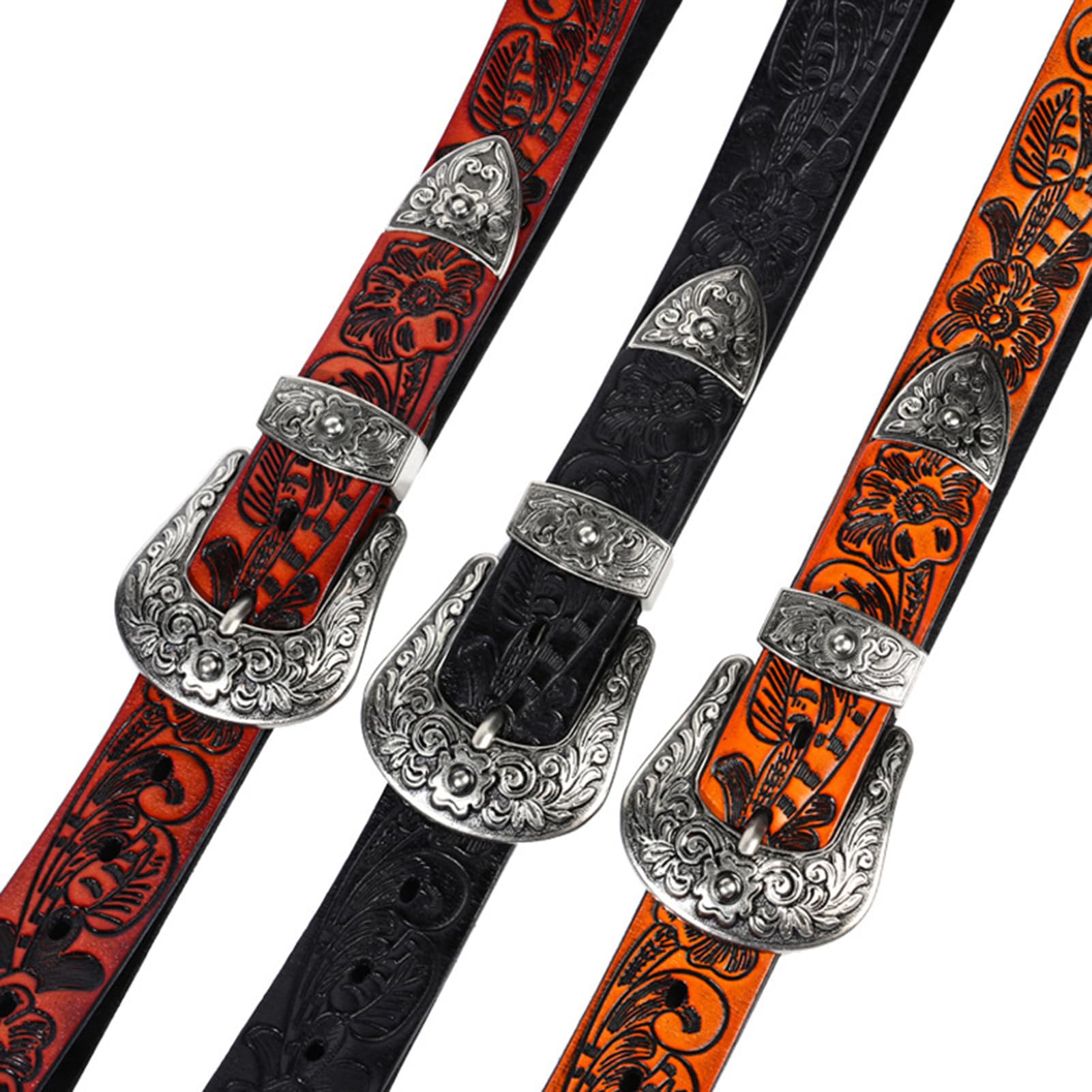 ALANIZ Cintura squisita, cintura in pelle goffrata vintage da uomo e da donna con fibbia in argento incisa floreale occidentale, cinturino da cowboy country
