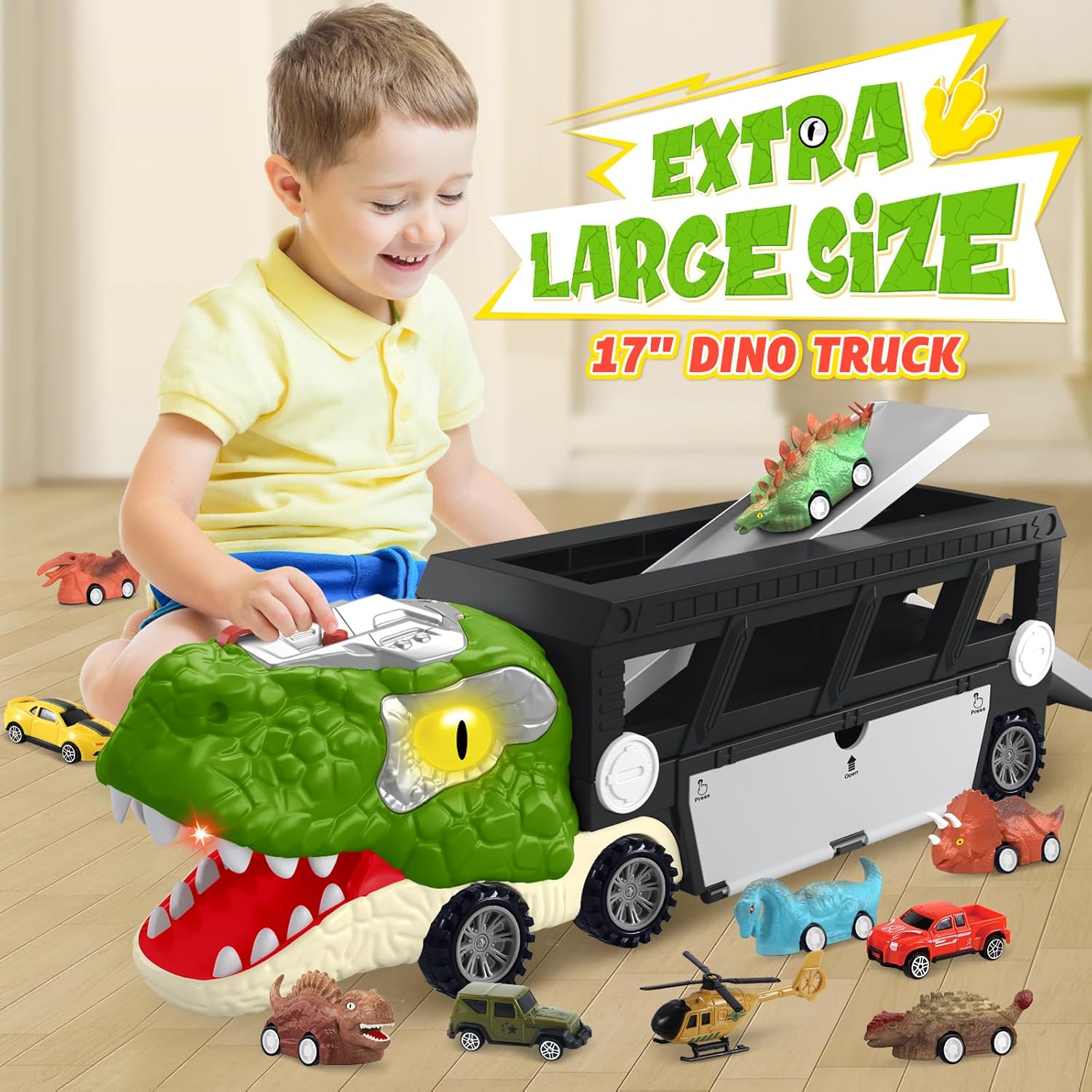 Dinosaur Toys for Kids Age 3-5 5-7, 17 Inch Big Dinosaur Truck with Sounds & Lights & Spray for Boy, Dinosaur Truck Carrier with 10 Mini-Cars, Xmas Birthday Gifts for Toddlers 3 4 5 Year Old