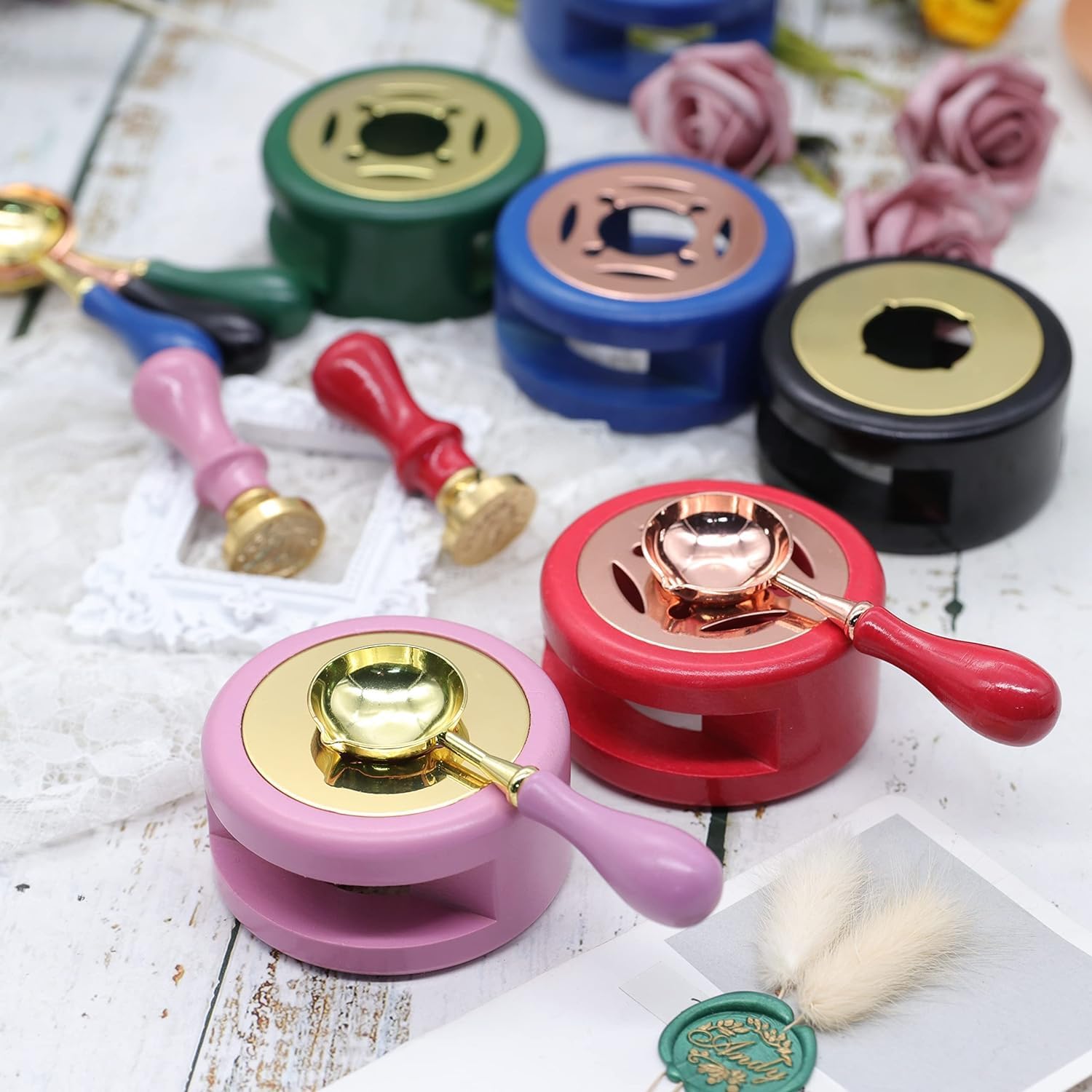 LUOSHI Wax Seal Kit With Warmer, Stamp, Spoon, and Furnace For Melting Sticks Or Beads - Assorted Color 2