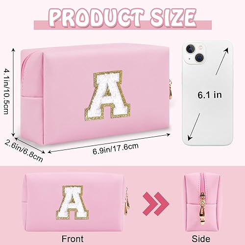 Miniatura 2 de Bolsa de maquillaje preppy inicial personalizada Pequeña bolsa de carta de chenilla de viaje linda, Rosado