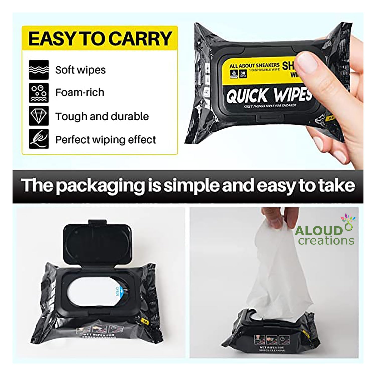 ALOUD CREATIONS Natural Sneaker & Shoe Cleaner Wipes | 1 Packs of 80 | Instant Sneakers Cleaner Wipes | Shoe Wipes Cleaning Kit to Remove Dirt & Stains on Footwear 4