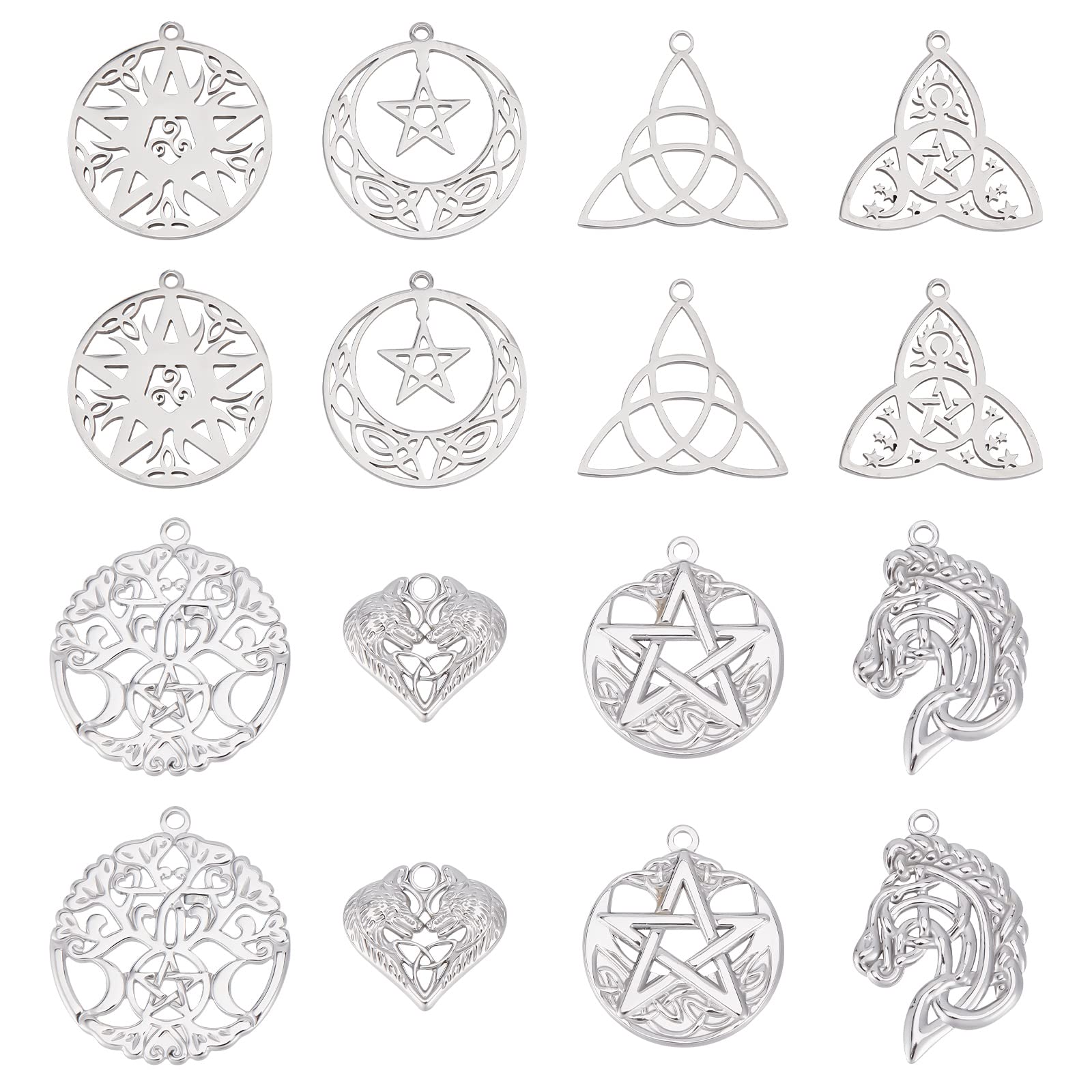 SUNNYCLUE1 Box 16Pcs Knot Charms Trinity Stainless Steel Knot Charm Irish Celtic Knots Heart Charms Tree of Life Angel Wings Charm Horse Head Flat Round Star Charms for jewellery Making Charms Craft