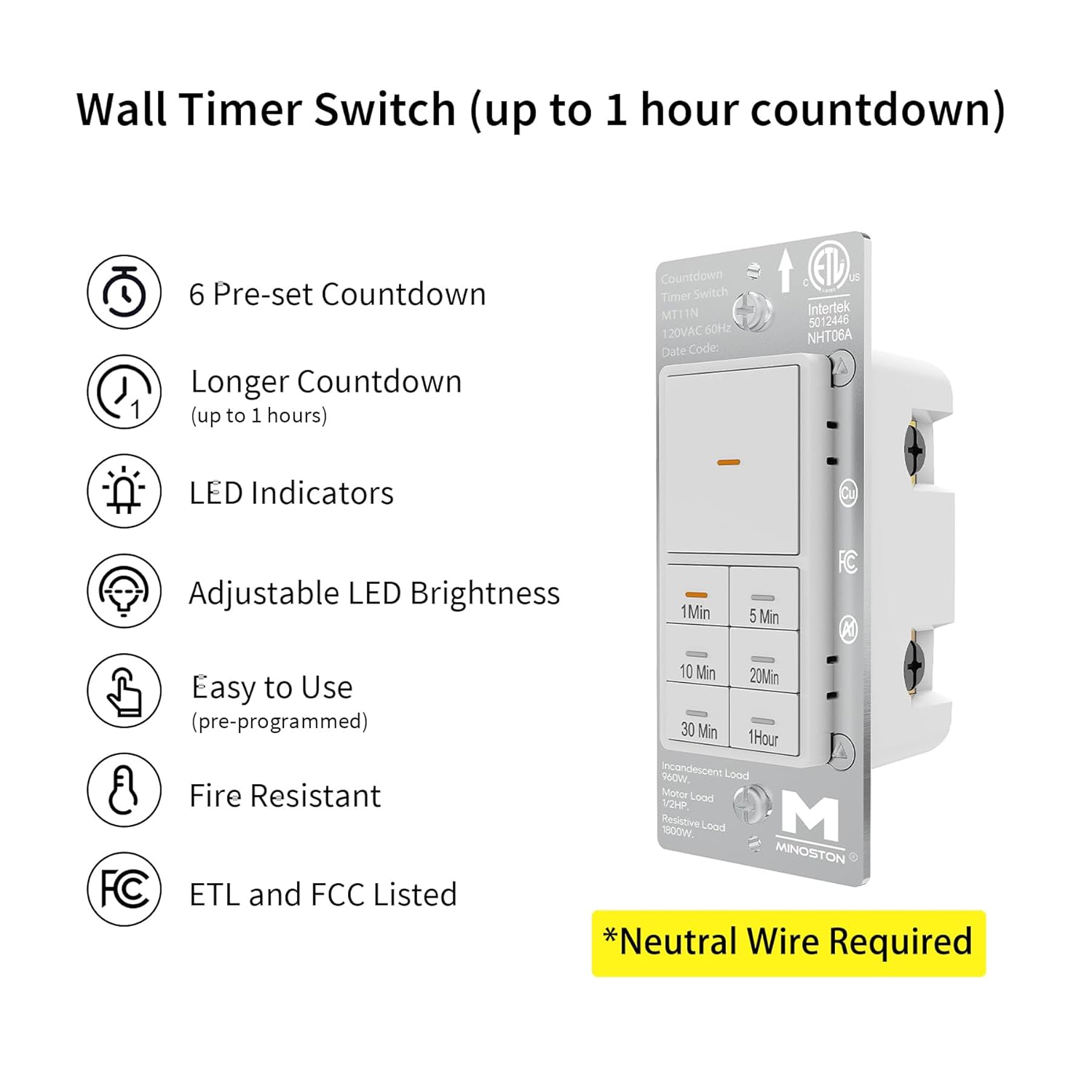 Minoston Countdown Timer Switch, Wall Timer Switch for Bathroom Fans, and Lights, 1-5-10-20-30-60 Min, 15A, 1/2 HP/120VAC, Neutral Wire Required, ETL & FCC, 2 Pack, White (MT11N)