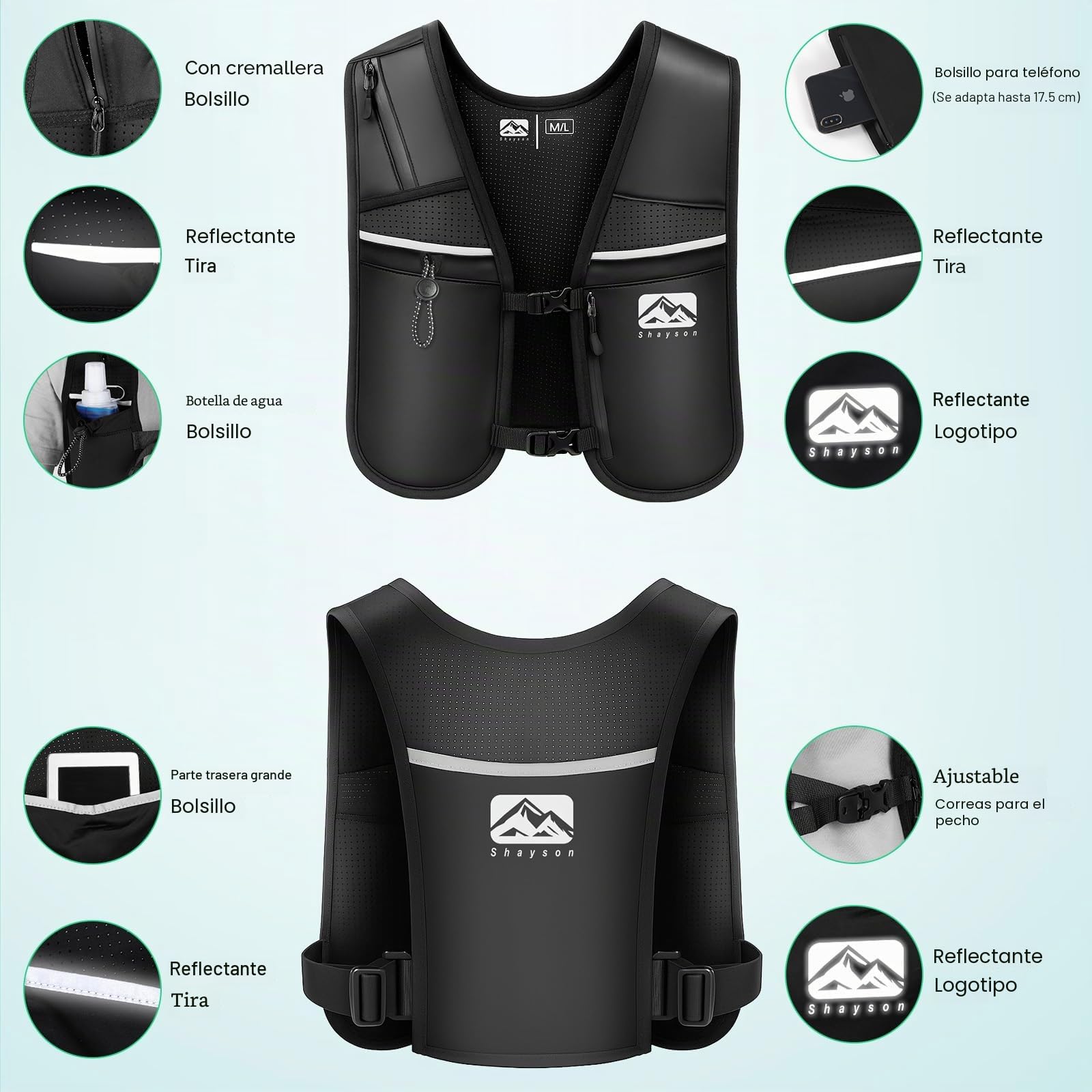 Chaleco de Running Shayson para Mujer y Hombre con Botella de Agua de 500 ml incluida, Correas de Pecho Ajustables, Transpirable y Reflectante
