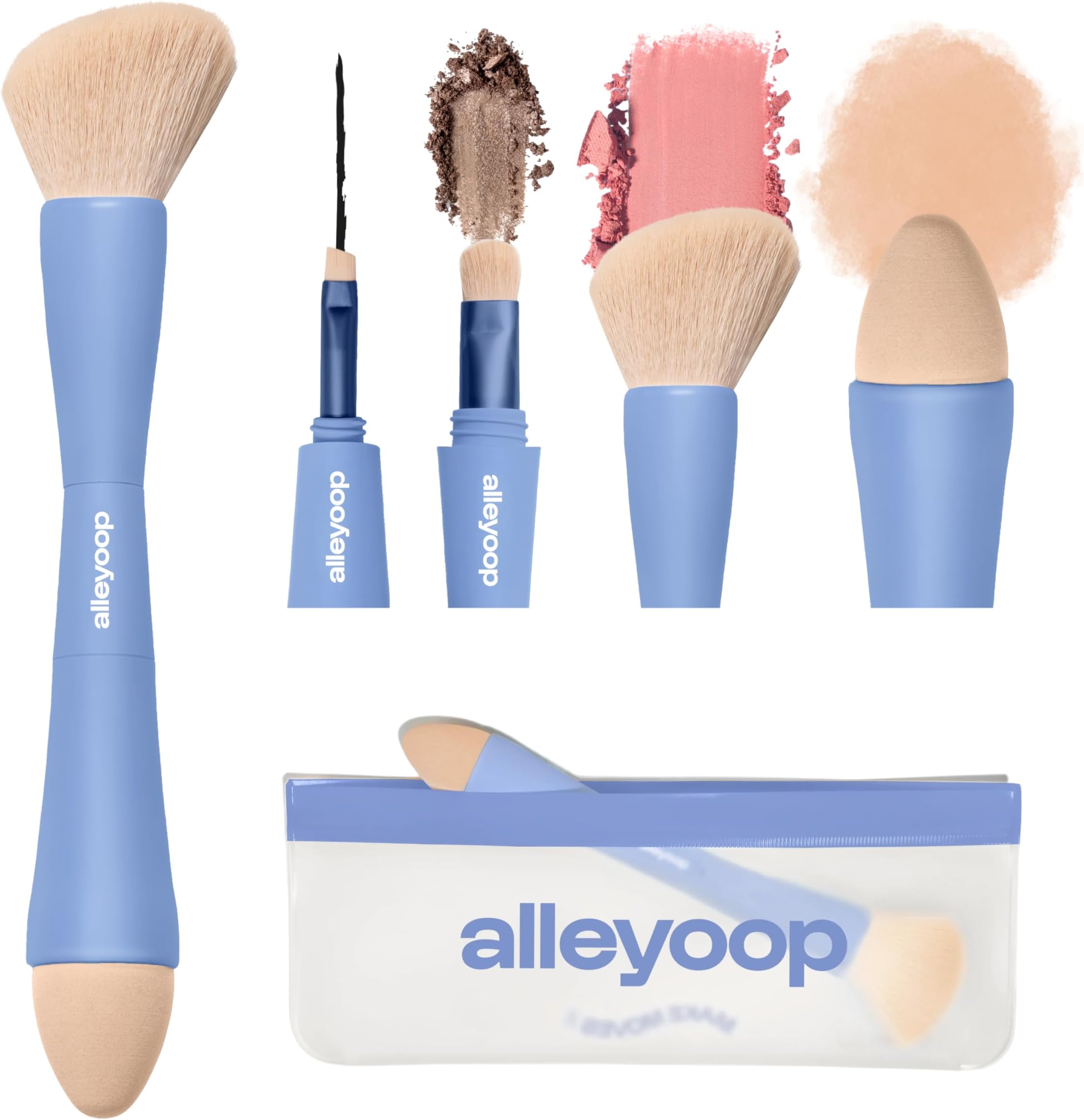 Makeup Brush Set Alleyoop Multi-Tasker 4-in-1 Travel Make Up Brush Set + Blending Sponge Refill Pack – Compact Makeup Brushes for Foundation, Blush, Bronzer, Contour, Eyeshadow, Brows & Liner