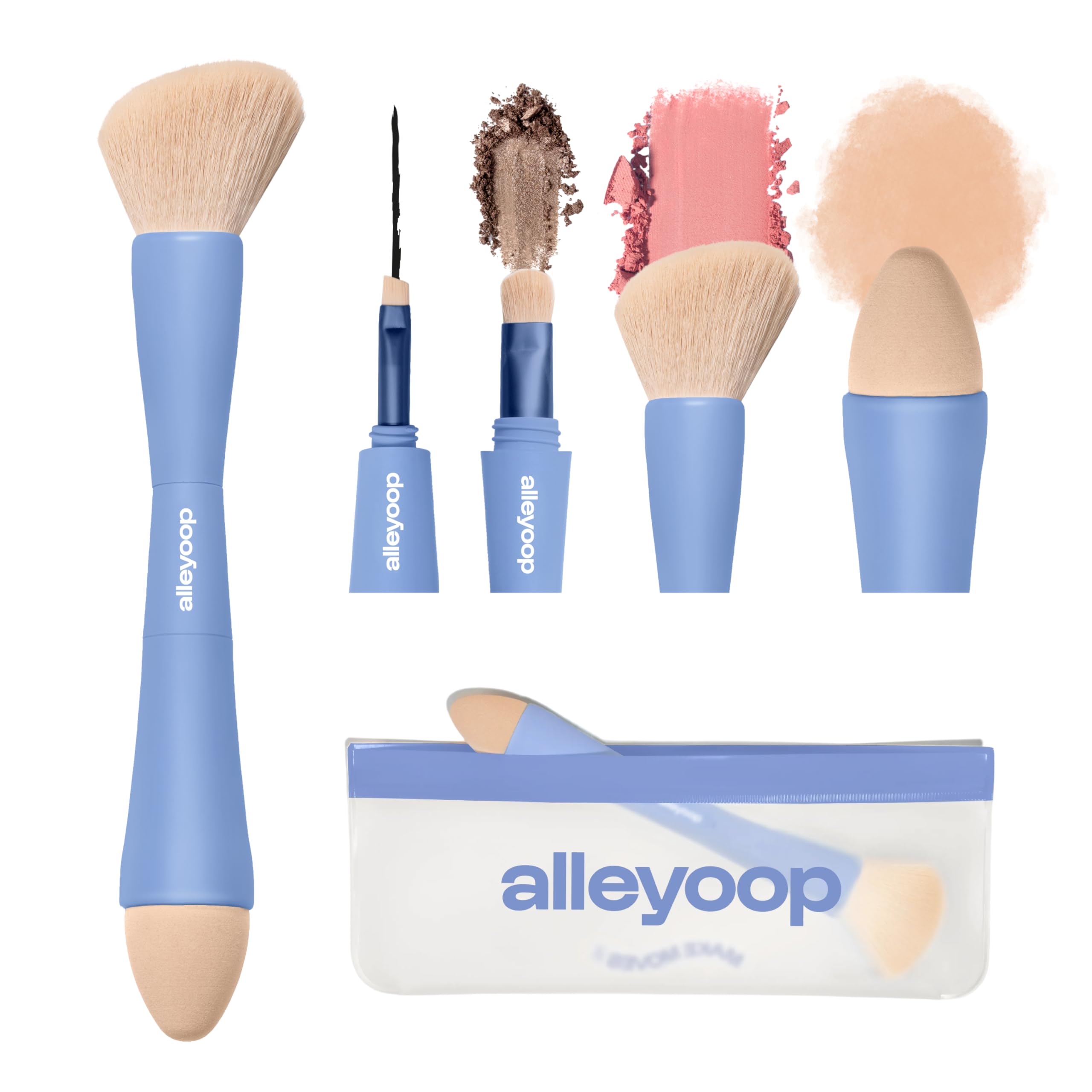 Alleyoop Multi-Tasker 4-in-1 Travel Makeup Brush Set – Compact Makeup Brushes with Blending Sponge, Eyeshadow, Eyebrow & Liner, Blush & Bronzer Brush – Mini Makeup Tools Kit for Women, Vegan