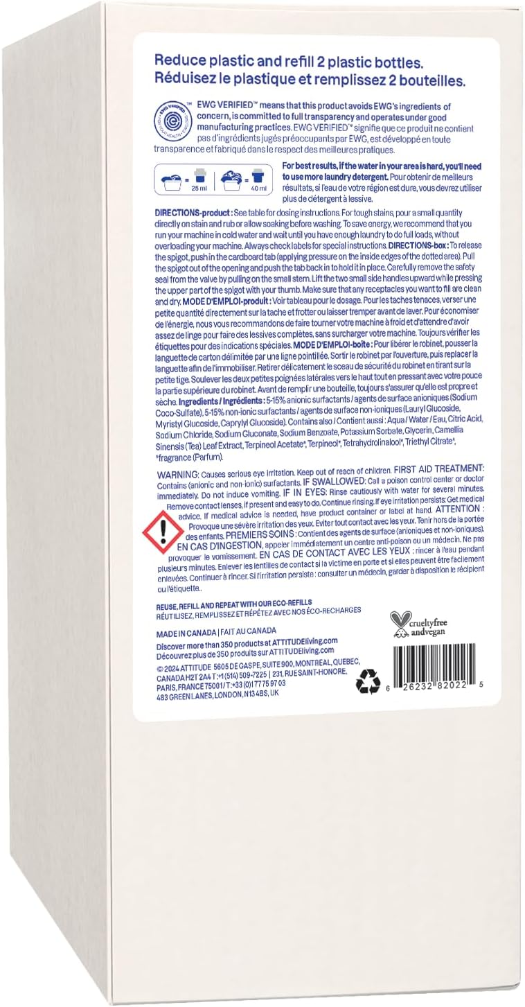 ATTITUDE Liquid Laundry Detergent Refill, EWG Verified, HE Compatible, Plant-Based & Vegan, Natural Laundry Soap, Citrus Zest Scent, 80 Loads, 67.6 Fl Oz
