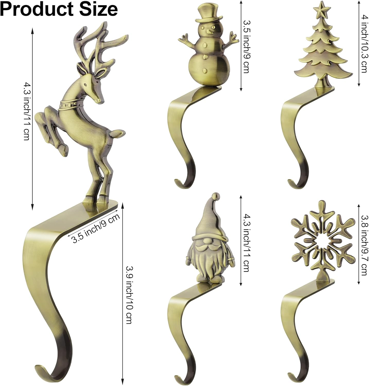 URATOT Christmas Stocking Holders Non-Slip Metal Stocking Hooks Mantel Stocking Holders Hanger in 5 Designs for Christmas Decoration, Bronze, Set of 5