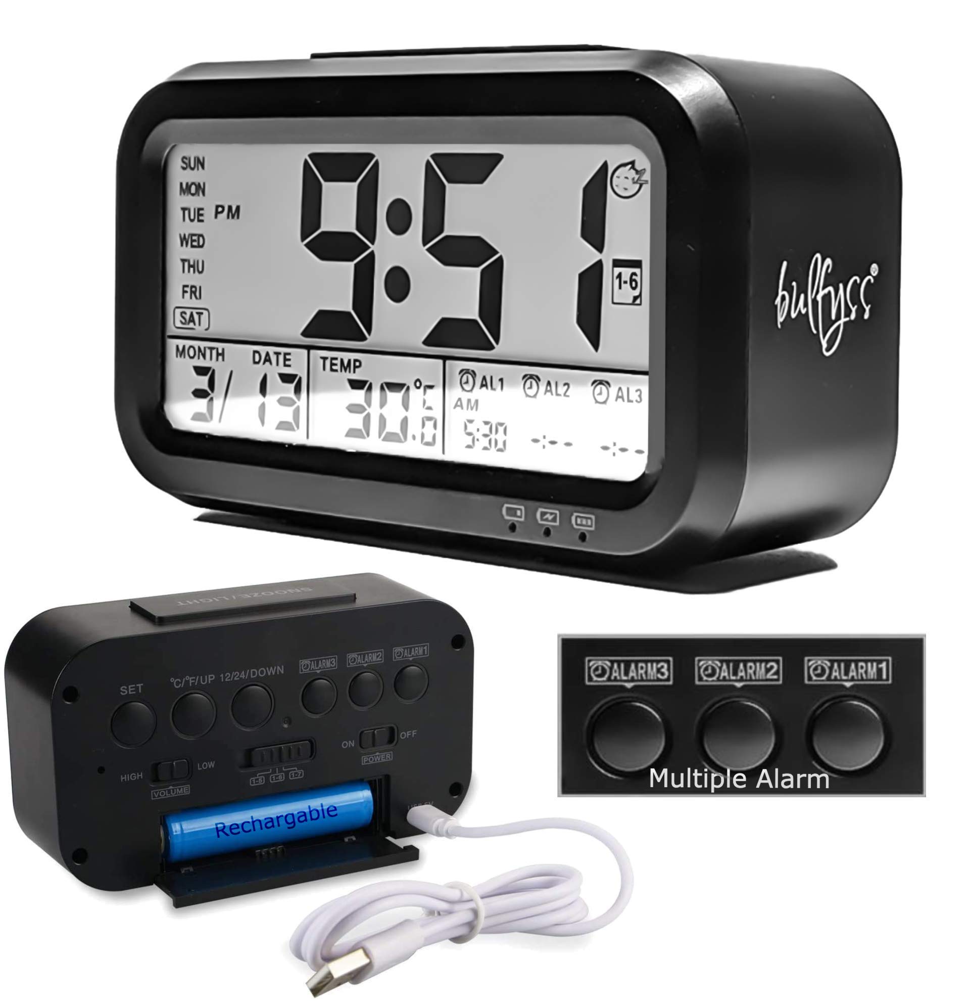 Bulfyss by UrbanFix USB Rechargeable Digital Alarm Clock Battery Operated with Date,Indoor Temperature,Smart Night Light,LCD Electronic Clock for Bedroom, Home, Office | 3 Modes of Alarm (Black) (B08CFW3ZGY) Amazon Price History, Amazon Price Tracker