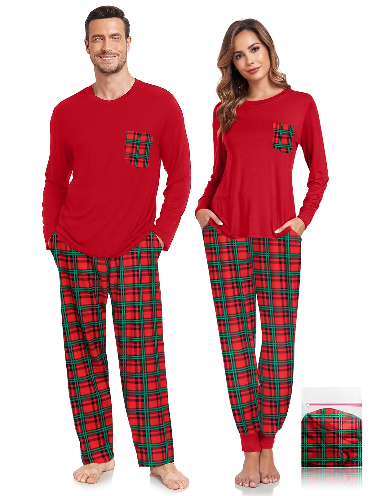 Conjunto de pijama a cuadros de Navidad a juego para parejas, ropa de dormir de manga larga, suave modal con bolsillo, S-3XL