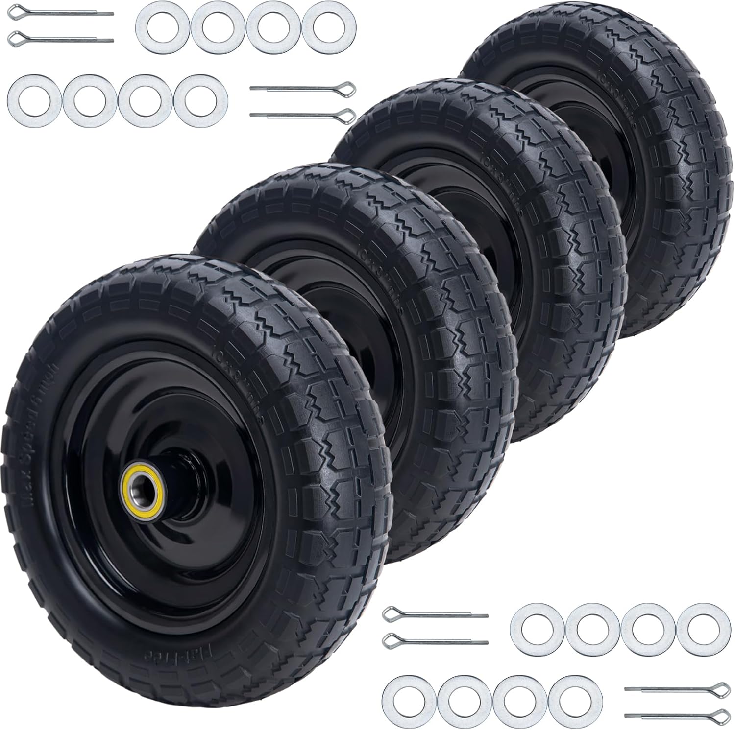 10" Solid Rubber Tires, 4.10/3.50-4 Tire and Wheel Flat Free, 4-Pack with 3/4" Bearings, 2.17"Offset Hub for GOR Garden Cart, Wheelbarrow, Trolleys, Hand Trucks & Yard Trailers
