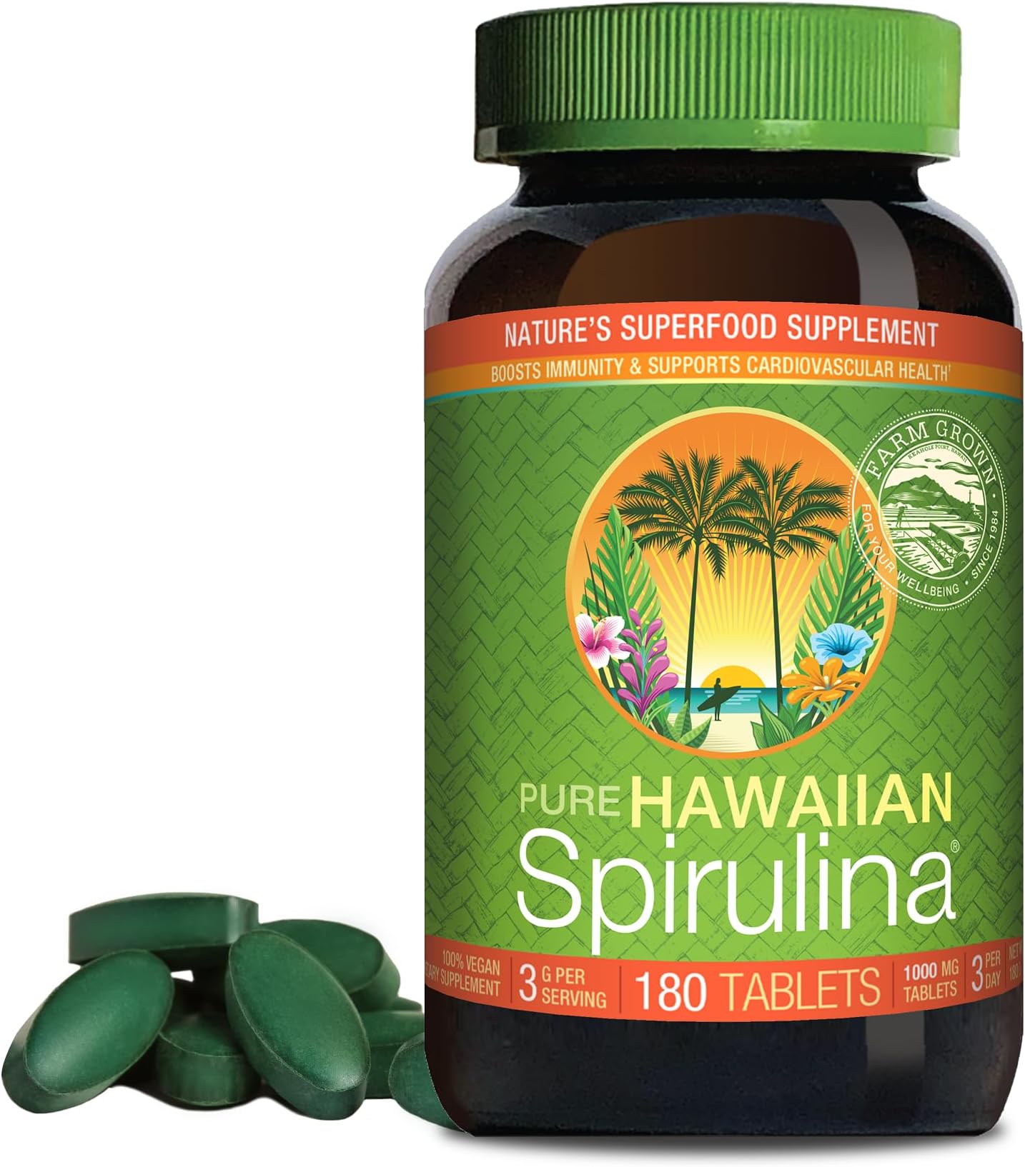 Pure Hawaiian Spirulina - 1000 mg Tablets - Hawaiian Grown Natural, Nutrient Rich Superfood - Immune Support, Detox & Energy – Vegan Complete Protein, Non-GMO, Original, 180 Count