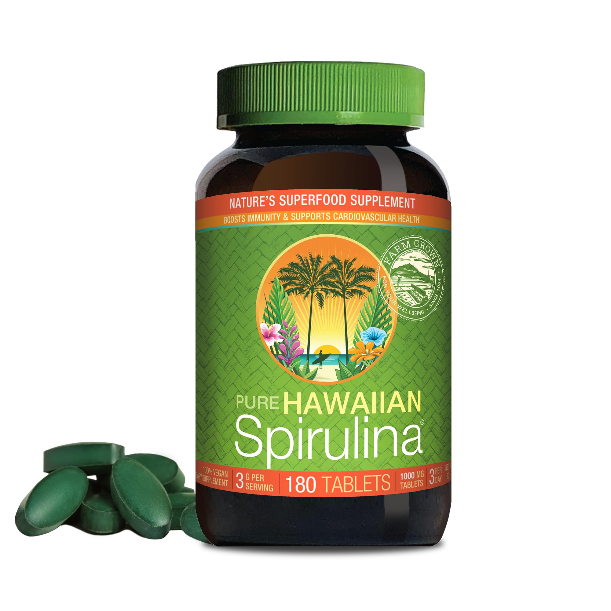 NutrexHawaii, Pure Hawaiian Spirulina - 1000 mg Tablets - Hawaiian Grown Natural, Nutrient Rich Superfood - Immune Support, Detox & Energy – Vegan Complete Protein, Non-GMO, Original, 180 Count