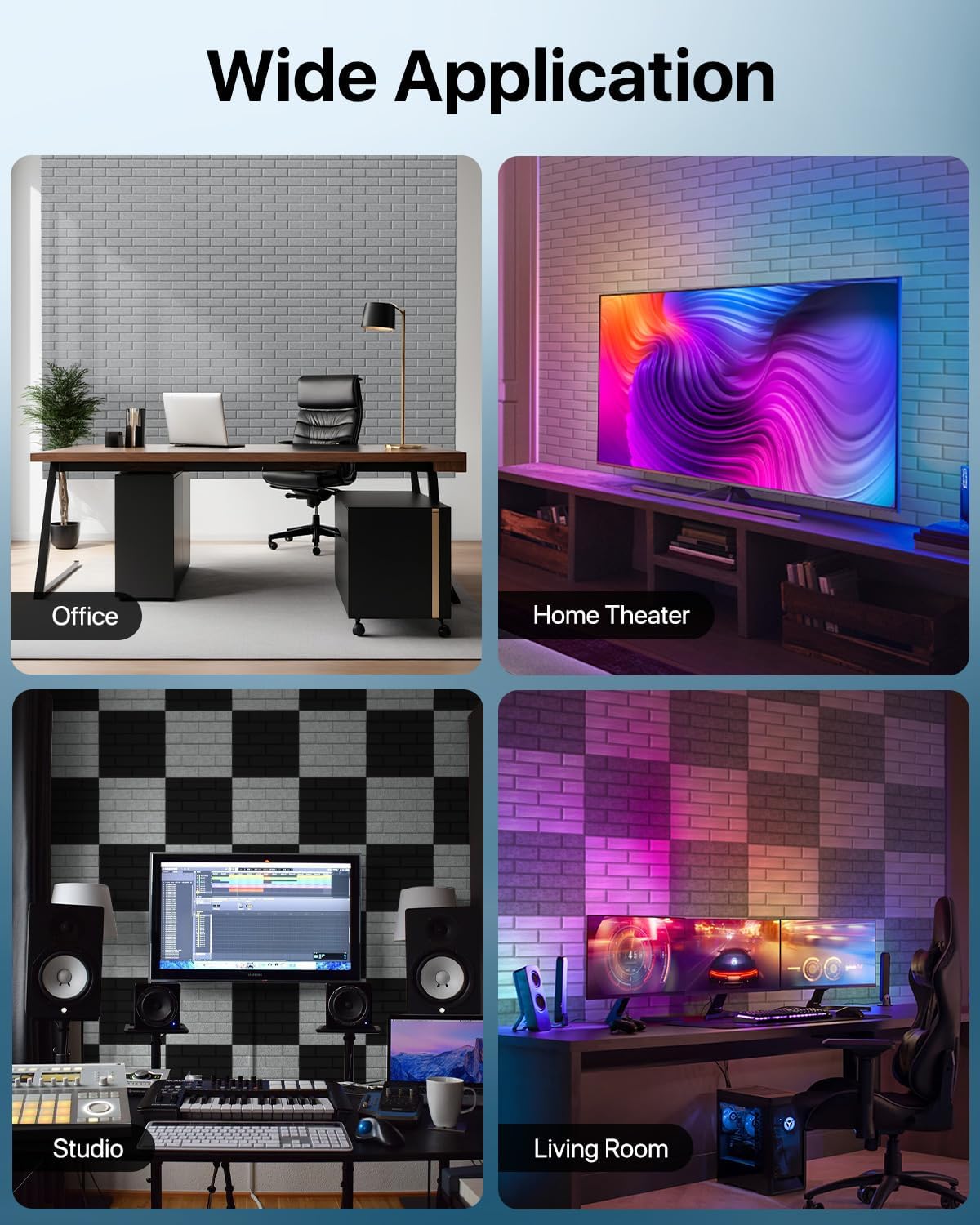 Kuchoow Soundproof Wall Panels, Sound Proof Panels for Wall,12 Pack Acoustic Panels Sound Absorbing Self Adhesive, Brick Acoustic Wall Panels for Home, Room, Ceiling, 12"×12"×0.4", Black
