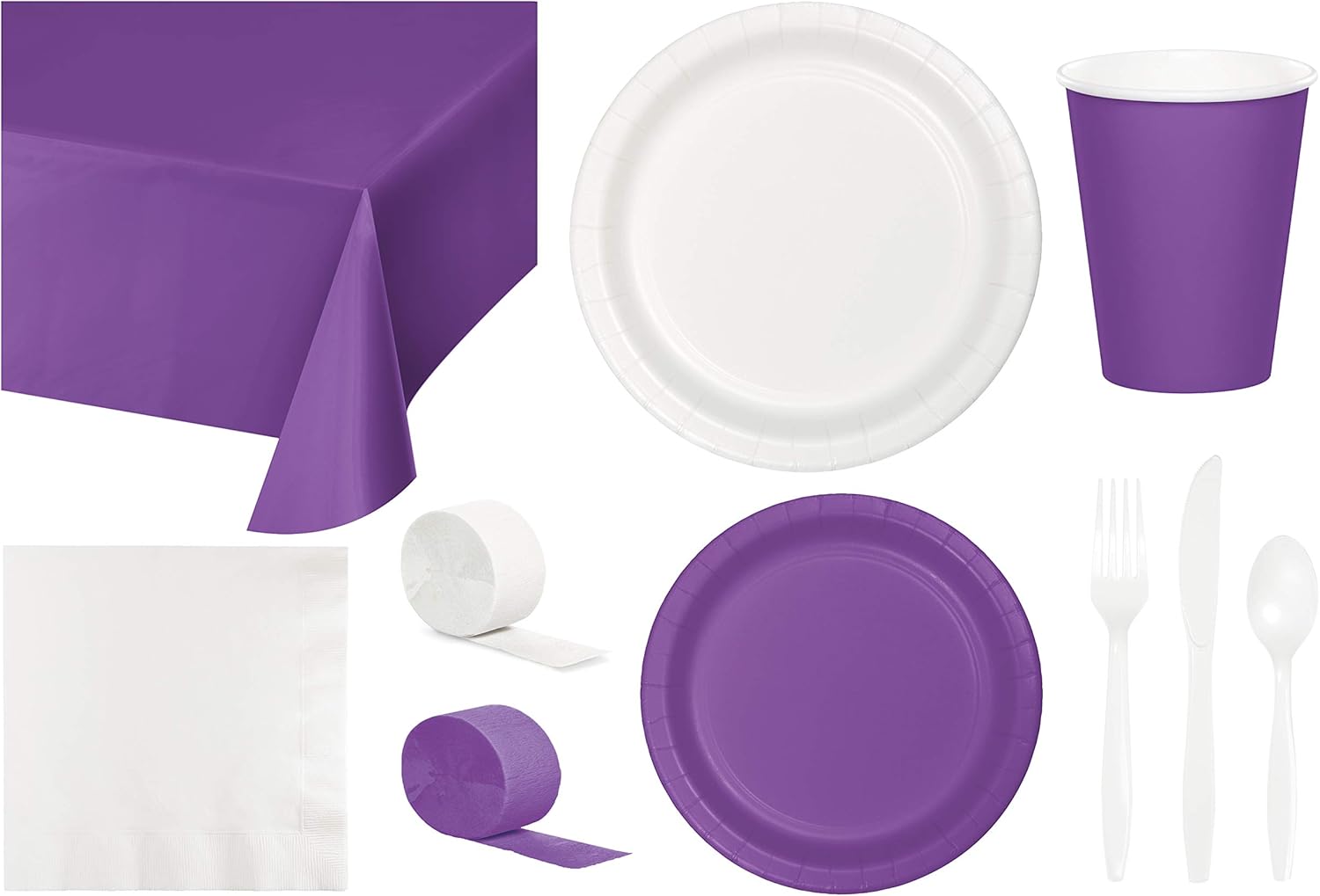 Baxters Party Bundle Bulk, Tableware for 24 People Amethyst and White, 2 Size Plates Napkins, Paper Cups Tablecovers and Cutlery, Box of 199