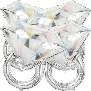 PartyForever White Gold Diamond Ring Foil Balloons 4 Pack 26 inch Engagement Ring Balloons Bridal Shower, Bachelorette, Engagement & Wedding Decorations