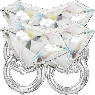 PartyForever White Gold Diamond Ring Foil Balloons – 4 Pack 26 inch Engagement Ring Balloons – Bridal Shower, Bachelorette, Engagement & Wedding Decorations