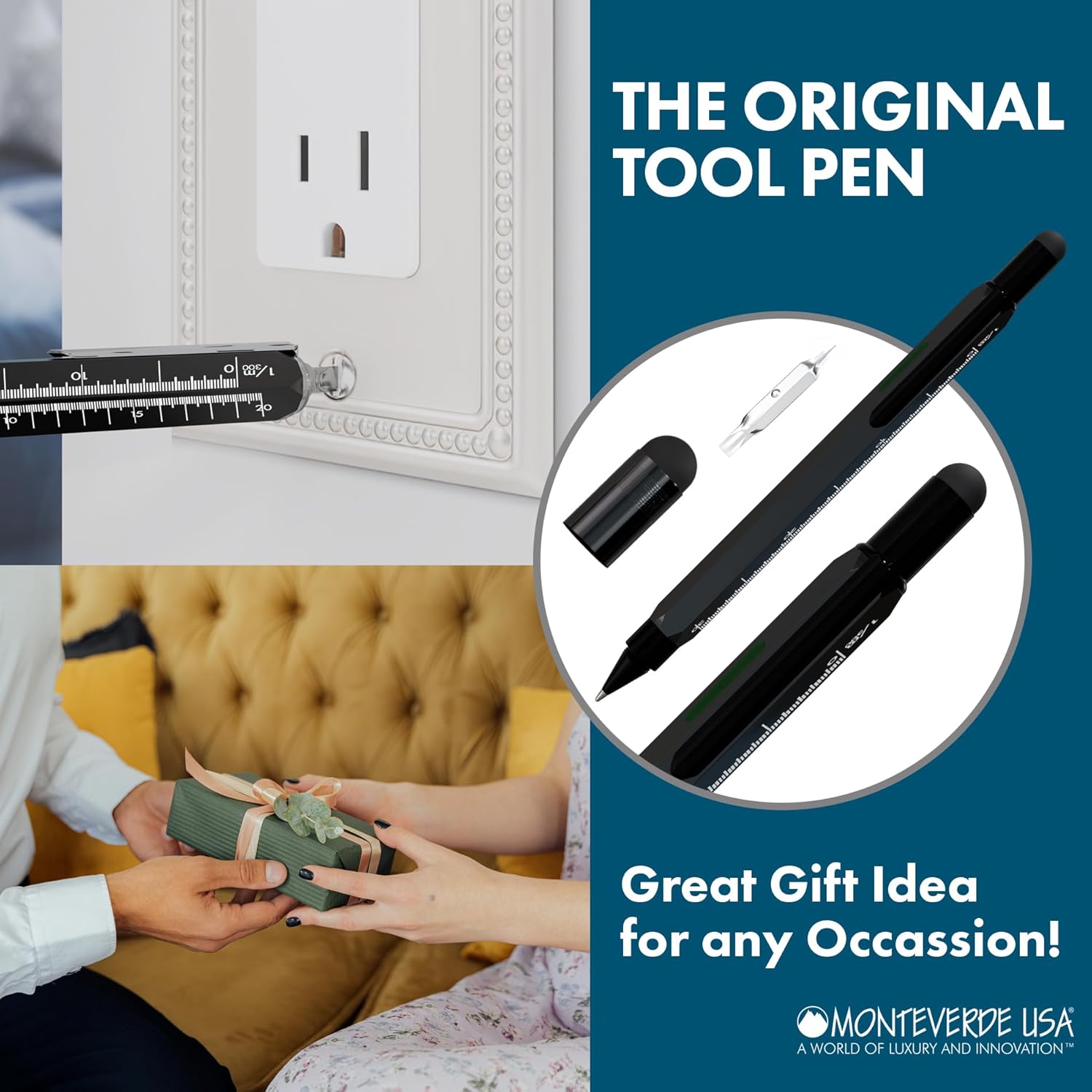 Monteverde USA 9-in-1 Tool Ballpoint Pen in Black – Multifunctional Pen with Stylus, Screwdrivers, Level, and Ruler – Exclusive Collection, Great Gift for Professionals