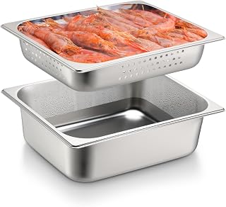 Tioncy 2 Pack Full Size Hotel Pans with Perforated Steam Pan, Stainless Steel Steam Table Pan Multifunctional Food Chafing Supplies for Restaurant Kitchen(Half Size, 2.5 Inches, 4 Inches)