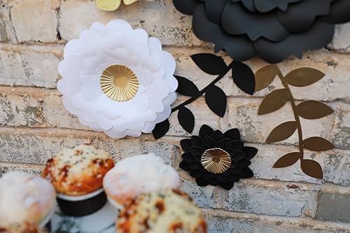 Miniatura 5 de Fonder Mols Decoraciones de flores de papel 3D (juego de 13, oro negro blanco), flores de papel gigantes para telón de fondo de boda, fiesta de