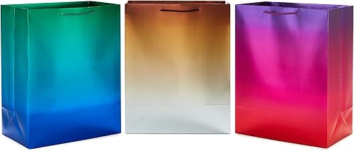 Hallmark Paquete de bolsa de regalo metálica grande de 13 pulgadas (3 bolsas gradiente de arco iris - azulverde, oroplata, moradorojo) para